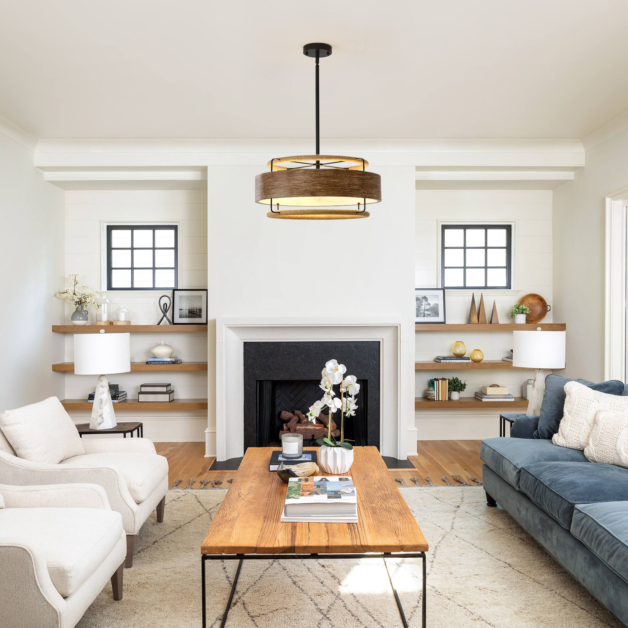 Angle. RYHNUYNE - 5 Light Modern Industrial Chandelier, 19.68" Wood-Coloured Metal Pendant Light, Adjustable Height Ceiling Light.