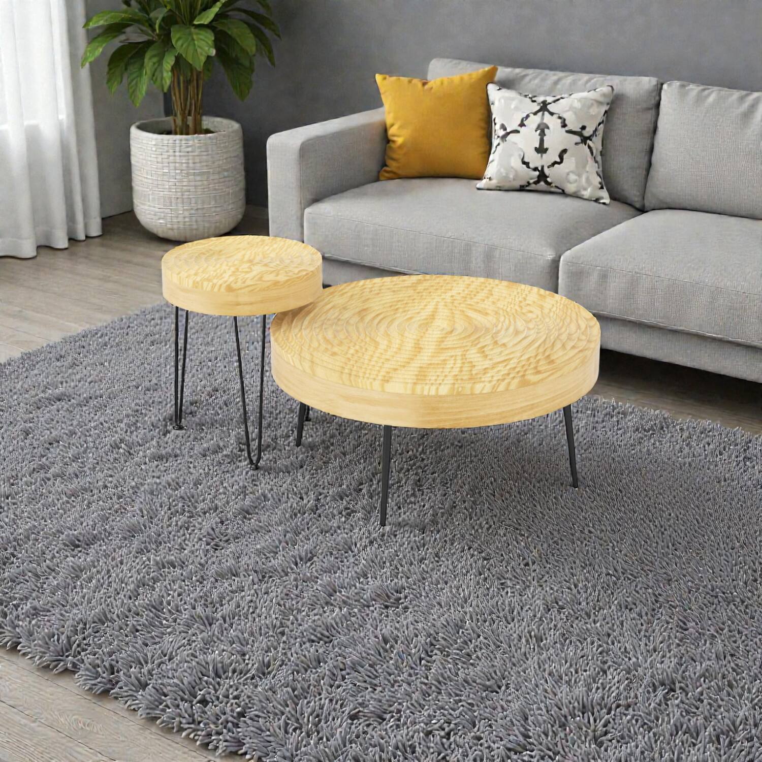 Hivvago - Two-Piece Farmhouse Coffee Table Set with Circular Wood Detailing - Natural