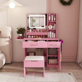 GOODSILO - Elegant Vanity Desk with LED Mirror Lights, Power Outlet Charging Station, and Storage Stool - Pink