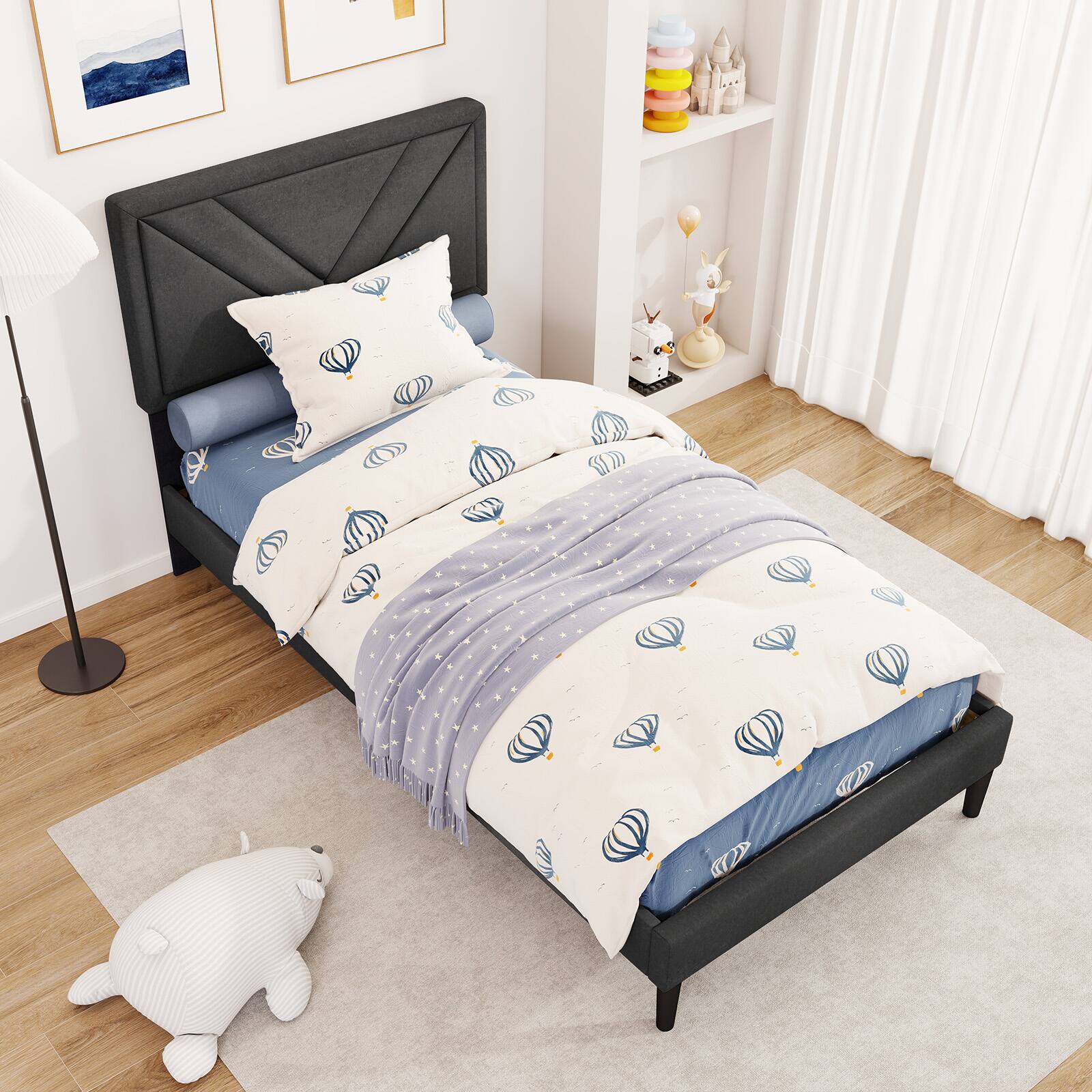 Alt View 1. Gymax - Gymax Twin Size Bed Frame w/ Tufted Headboard & Wooden Slats Easy Assembly - Gray.