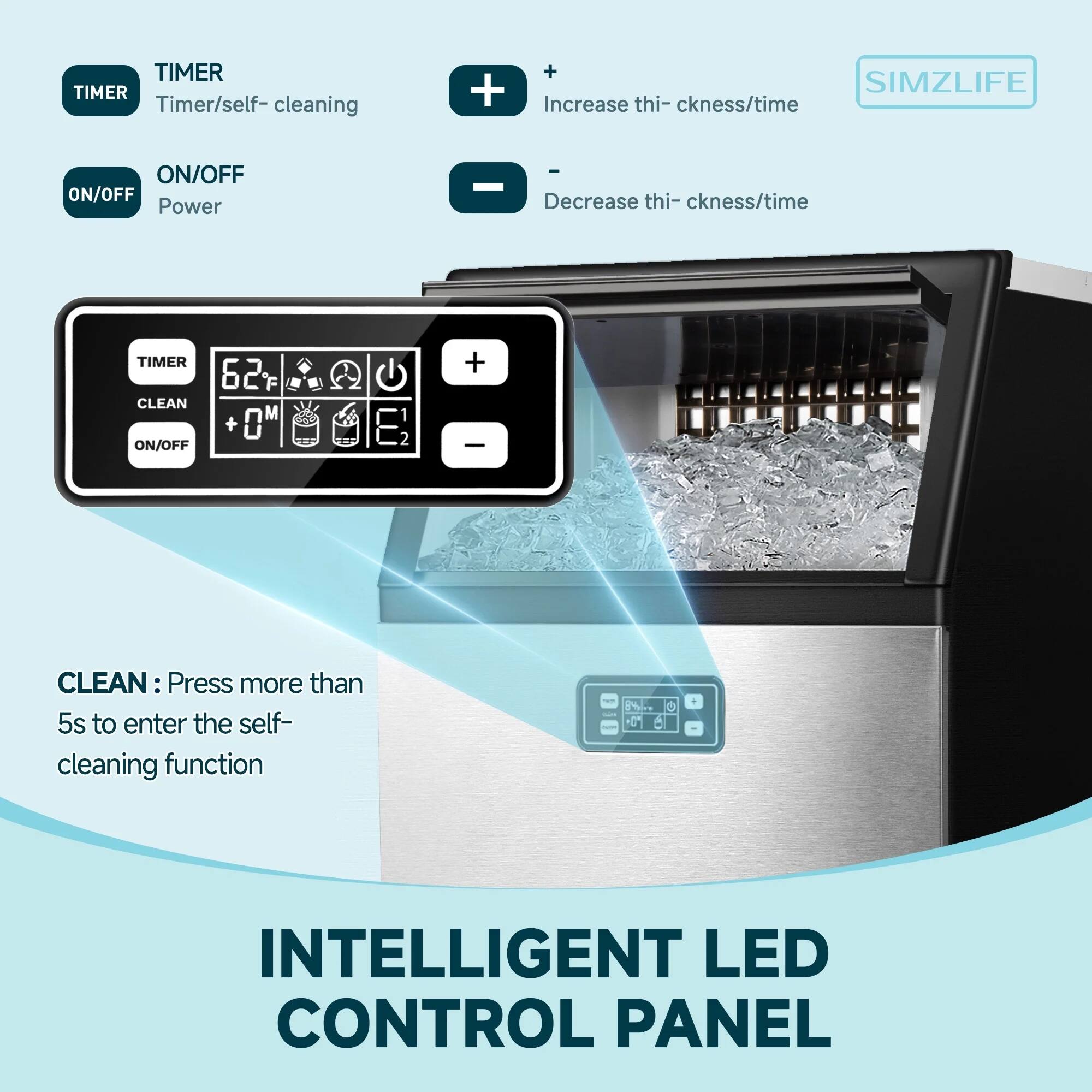 **TIMER**  
Timer/self-cleaning  

**ON/OFF**  
Power  

**+**  
Increase thickness/time  

**-**  
Decrease thickness/time  

**CLEAN**  
Press more than 5s to enter the self-cleaning function  

**INTELLIGENT LED CONTROL PANEL**  

SIMZLIFE
