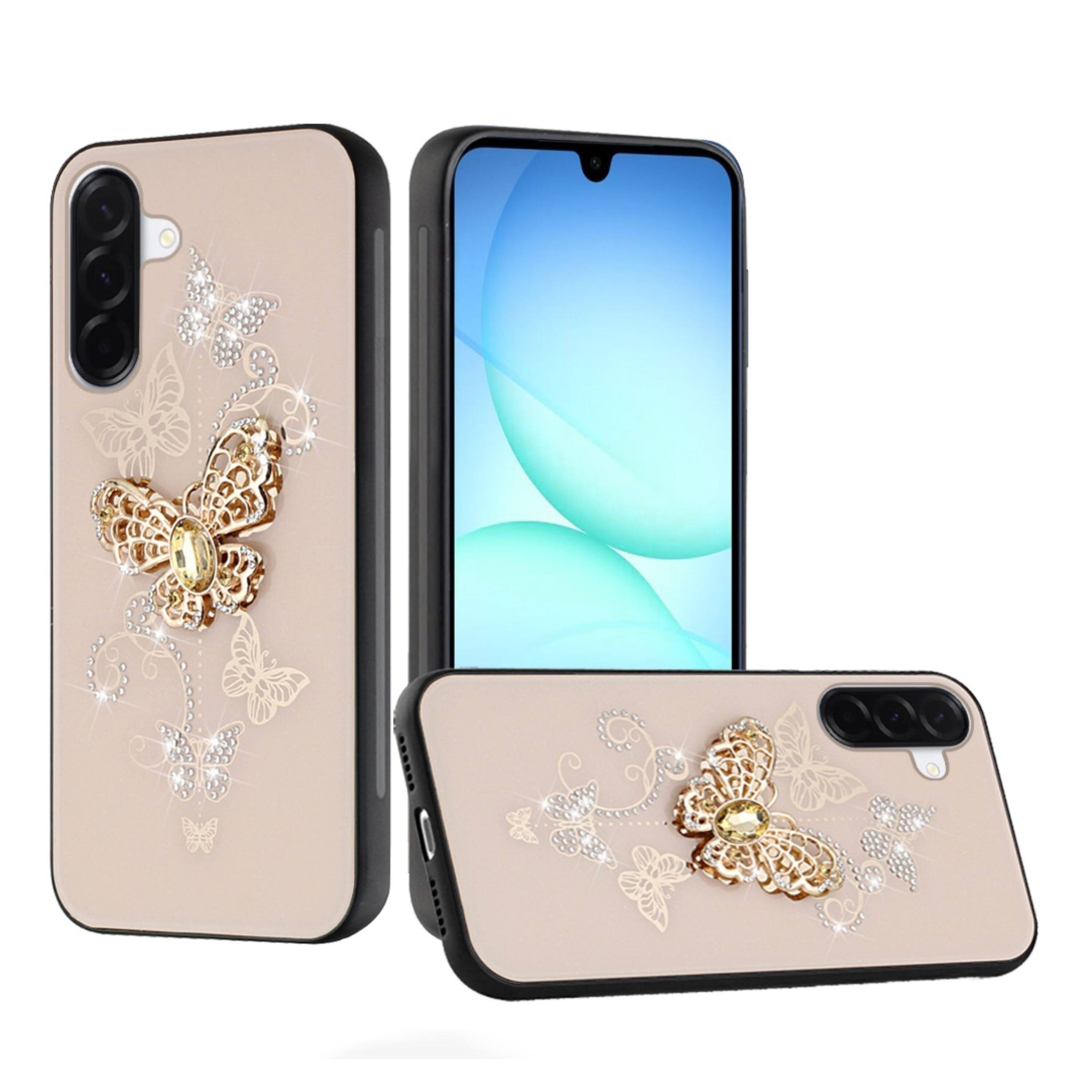 Angle. Kitcheniva - Rhinestone Bling Glitter Butterfly Design Phone Case With Tempered Glass For Samsung Galaxy A17 5G Garden Gold - Gold.