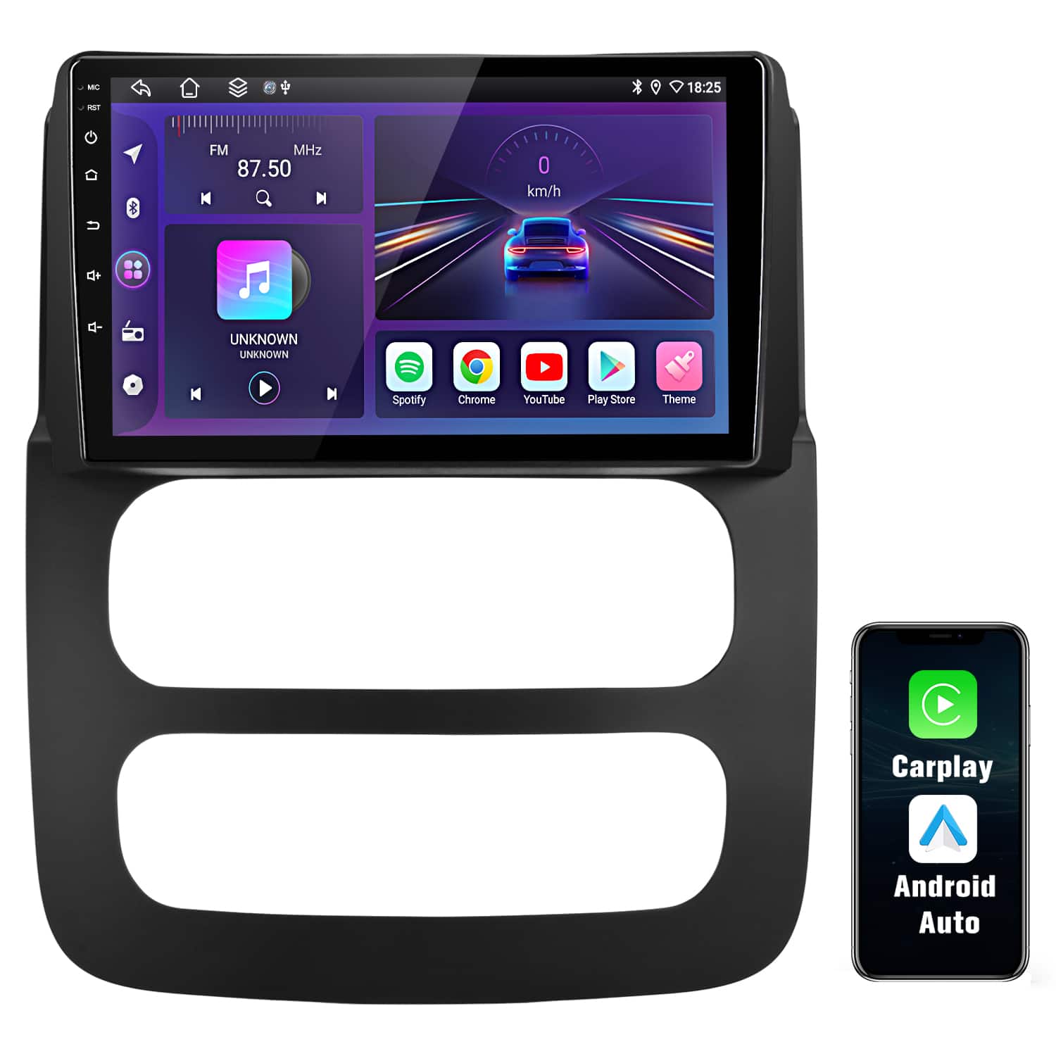 MC 18:25 - T FM MHz 87.50 M 0 km/h + UNKNOWN LINKNOWN M M Spotify Chrome YouTube Play Store Theme Carplay Android Auto