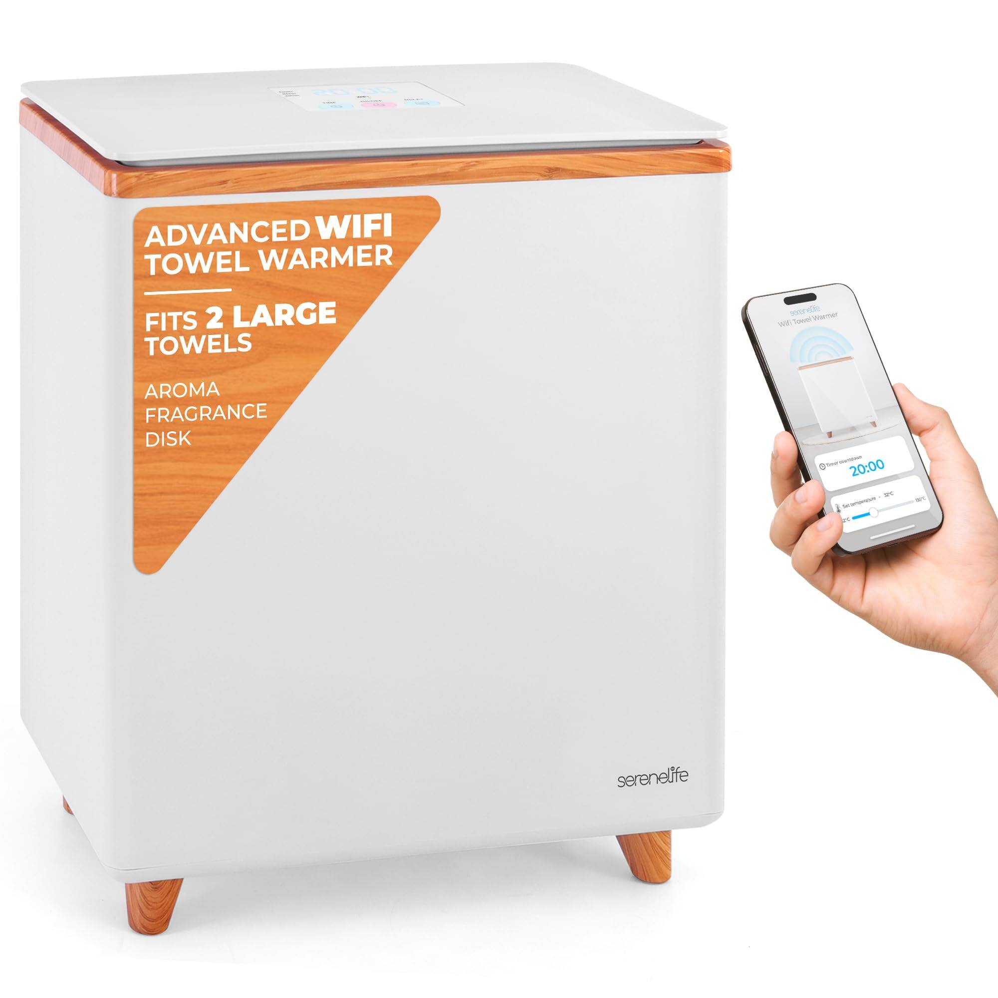 ADVANCED WIFI TOWEL WARMER  
FITS 2 LARGE TOWELS  

AROMA FRAGRANCE DISK  

20:00  

serenelife