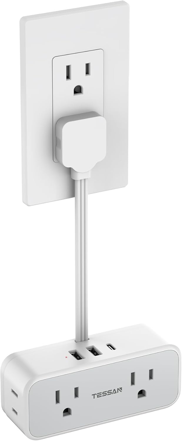 Front. TESSAN - TESSAN 0.5 ft Short Extension Cord Surge Protector with 4 Outlets and USB-C, Flat Plug Outlet Extender - grey.