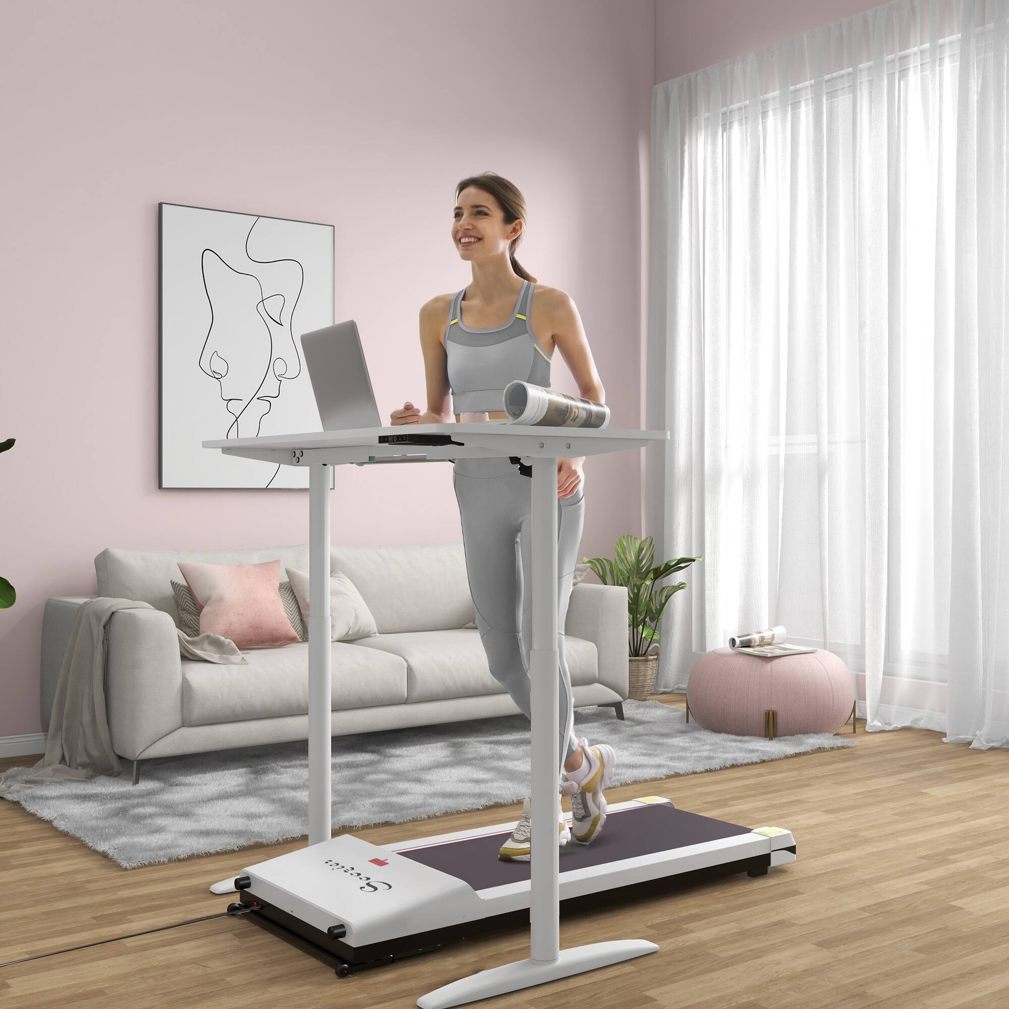 Alt View 5. Tiramisubest - Under Desk Treadmill, Portable Walking Pad, Remote Control, LED Display, 264 lbs Capacity, Foldable Wheels - White.