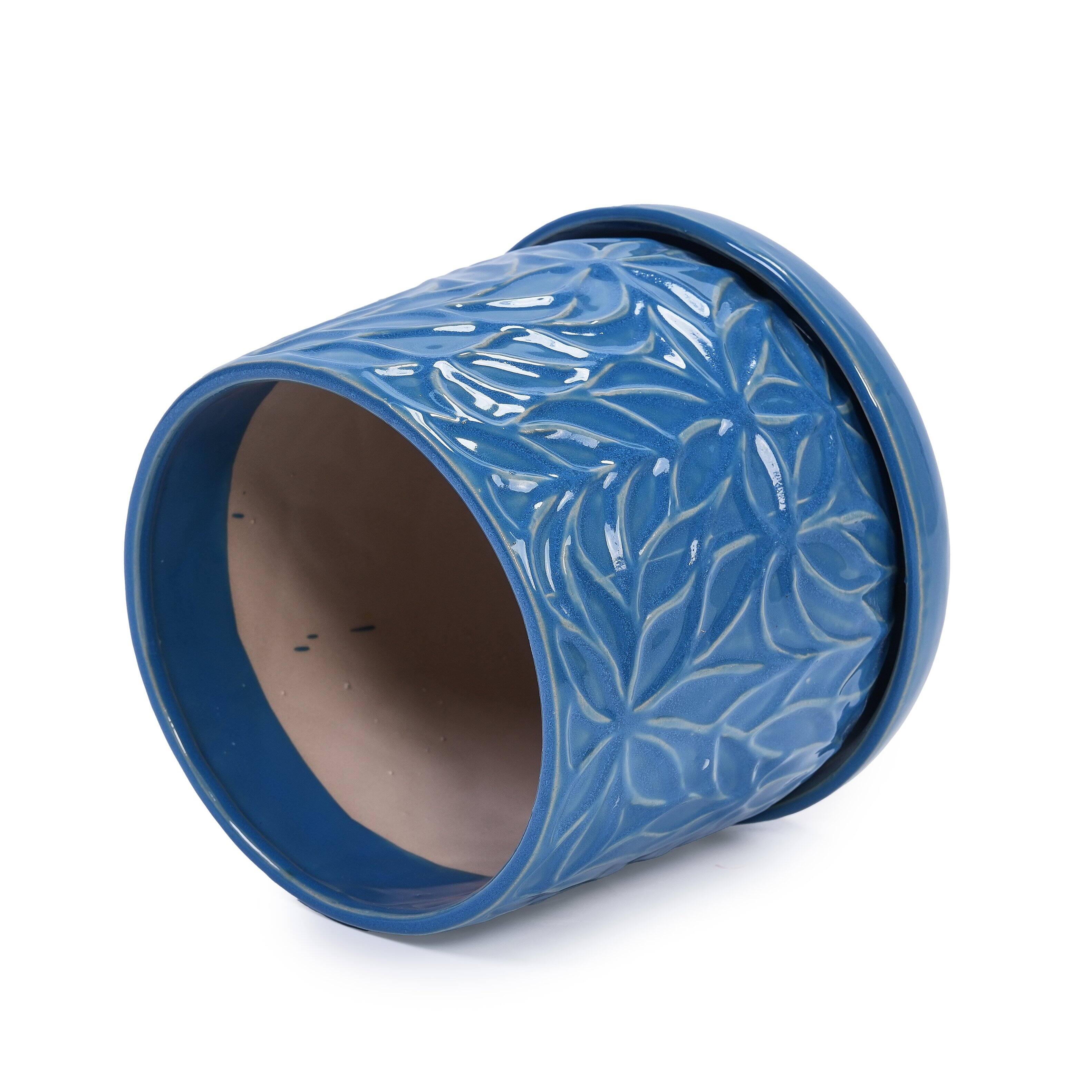 Alt View 10. Loheer - Ceramic Planter Set Loheer Handmade Blue Plant Pots with Saucers, Leaf Pattern, 6in and 8in for Succulents Herbs.