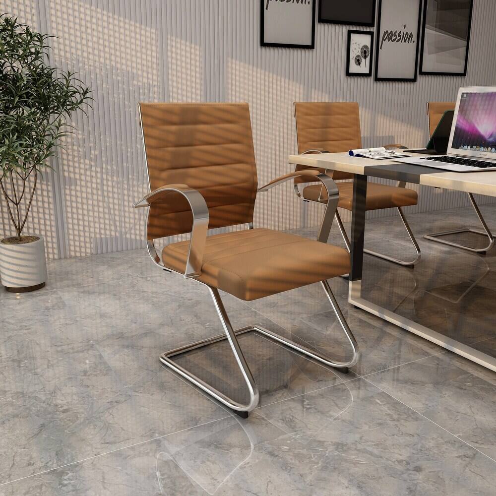 Left. LeisureMod - Set of 4 Benmar Modern Leather Upholstered Office Desk Chair with Padded Armrests and Chrome Frame for Home or Office - Light Brown.