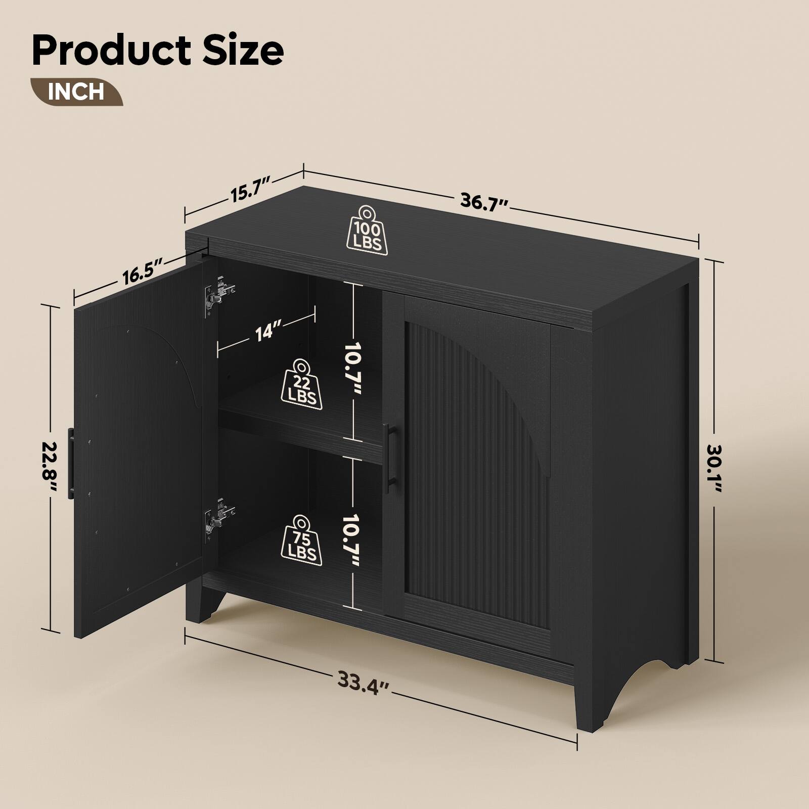 Product Size  
INCH  
16.5"  
15.7"  
36.7"  
22.8"  
14"  
10.7"  
10.7"  
30.1"  
33.4"