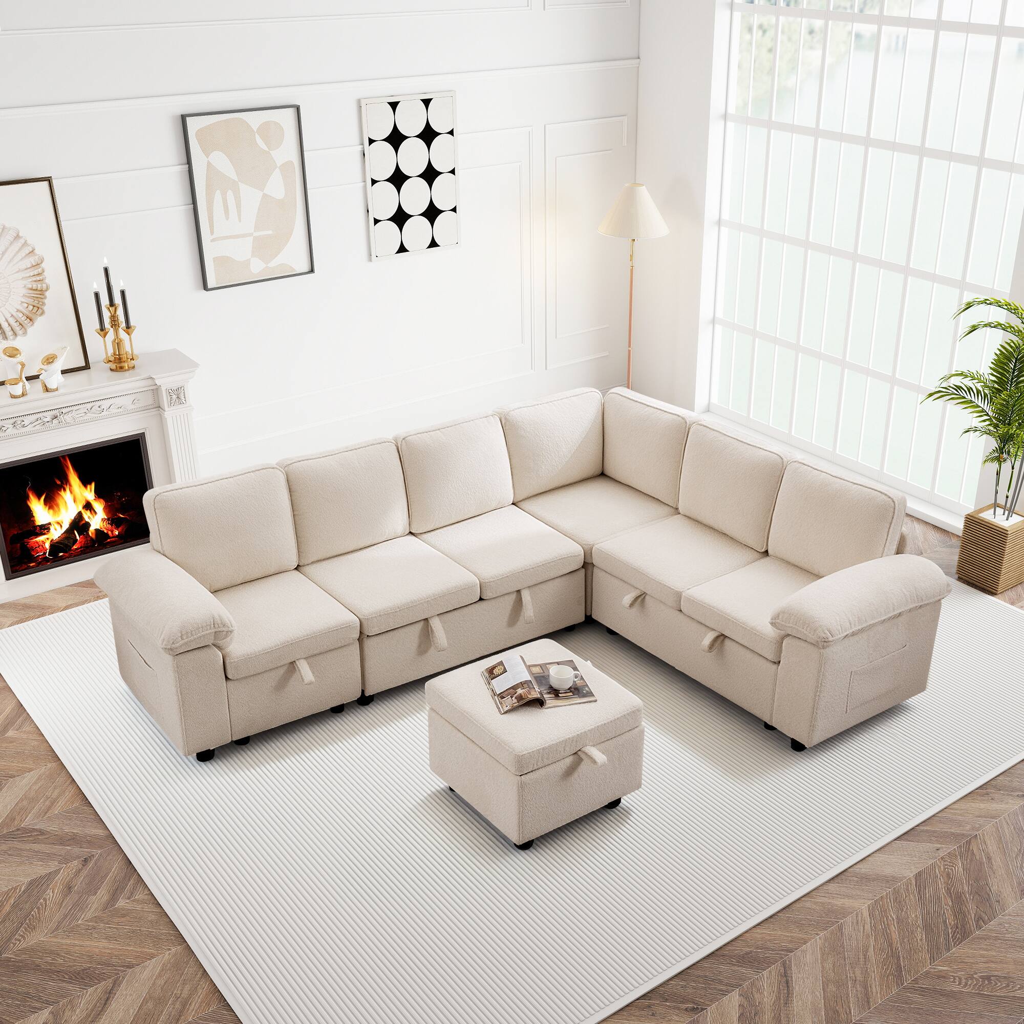 Angle. Brick Attic - 4 to 7 Seat Modular Pull Out Sofa Bed with Storage Ottoman Washable Covers and Side Pockets for Living Room - WH-7 Seat.