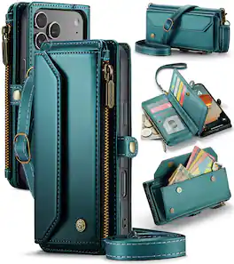 Dteck - Wallet Case for Apple iPhone 17 Pro Max, PU Leather RFID Blocking Card Holder Kickstand Cover with Crossbody Strap - Green