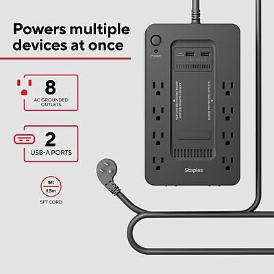 Powers multiple devices at once

- 8 AC GROUNDED OUTLETS
- 2 USB-A PORTS
- 1.5m (5FT) SFTC CORD