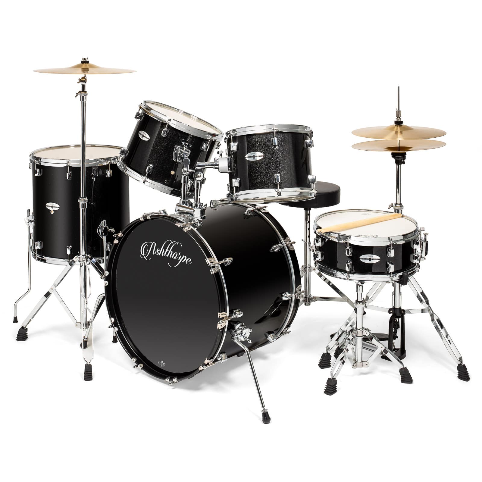Ashthorpe - Adult Drum Set with Remo Heads and Brass Cymbals (Set of 5) - Black