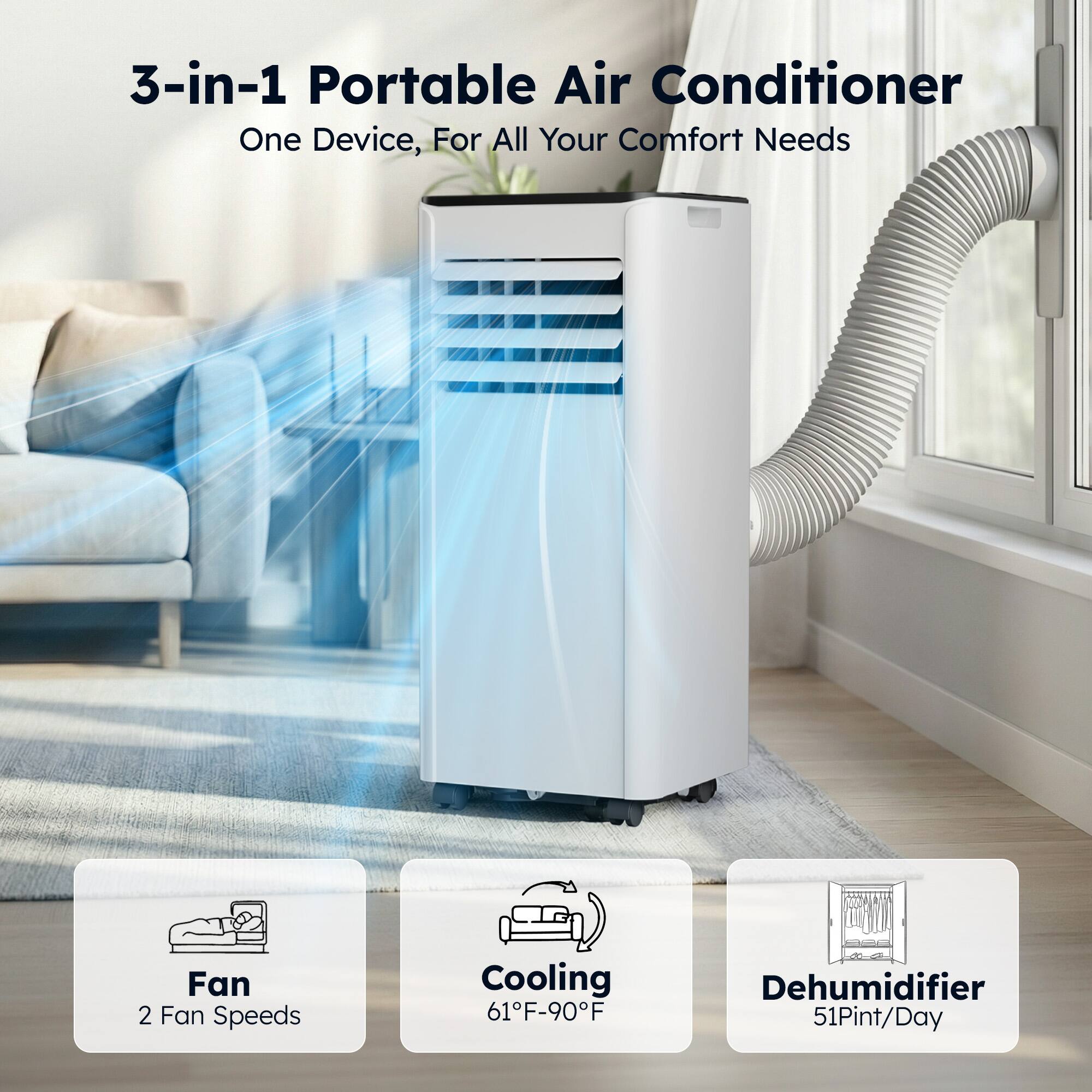 3-in-1 Portable Air Conditioner  
One Device, For All Your Comfort Needs  

Fan  
2 Fan Speeds  

Cooling  
61°F-90°F  

Dehumidifier  
51 Pint/Day