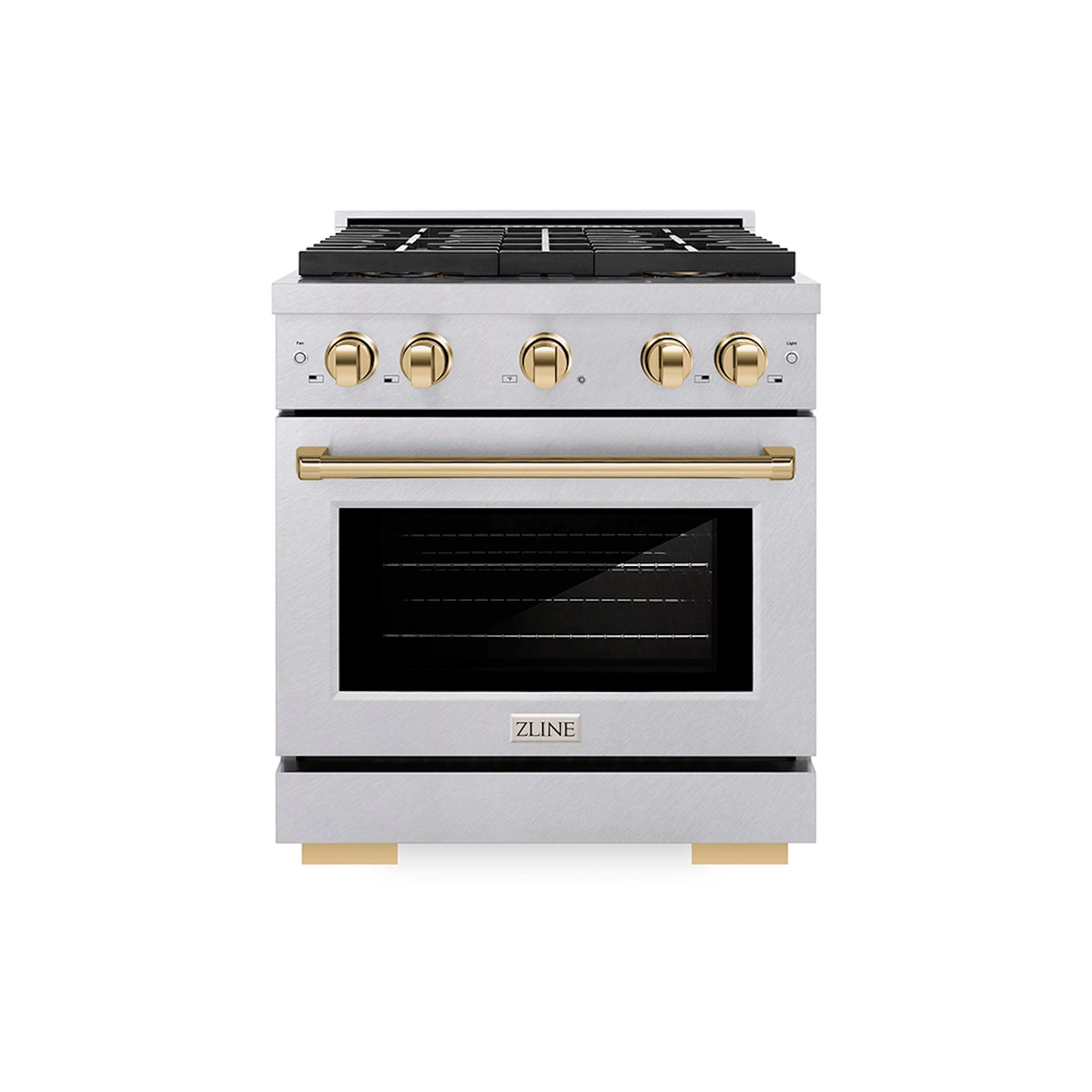 ZLINE Autograph 30 in. 4.2 cu. ft. Freestanding Paramount Gas DuoPro Range in Satin Steel and Polished Gold Accents Front