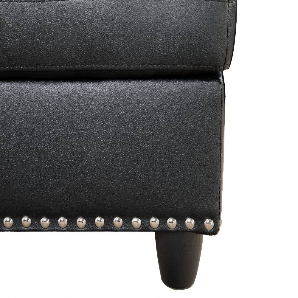 Back. Loheer - Loheer Faux Leather Sectional Sofa with Storage Ottoman Cup Holders - Black.
