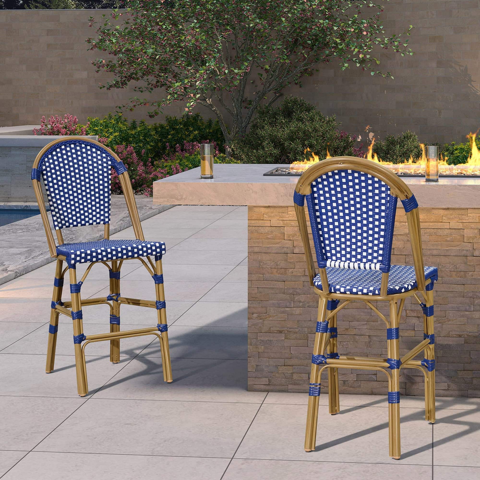 PURPLE LEAF - French Counter Height Bar Stool Set of 2 Patio Bar Chairs with Back Rattan Bar Chairs French Bistro Set - Bamboo Pattern/Royal Blue-Counter Stool