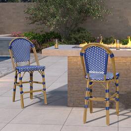 PURPLE LEAF - French Counter Height Bar Stool Set of 2 Patio Bar Chairs with Back Rattan Bar Chairs French Bistro Set - Bamboo Pattern/Royal Blue-Counter Stool