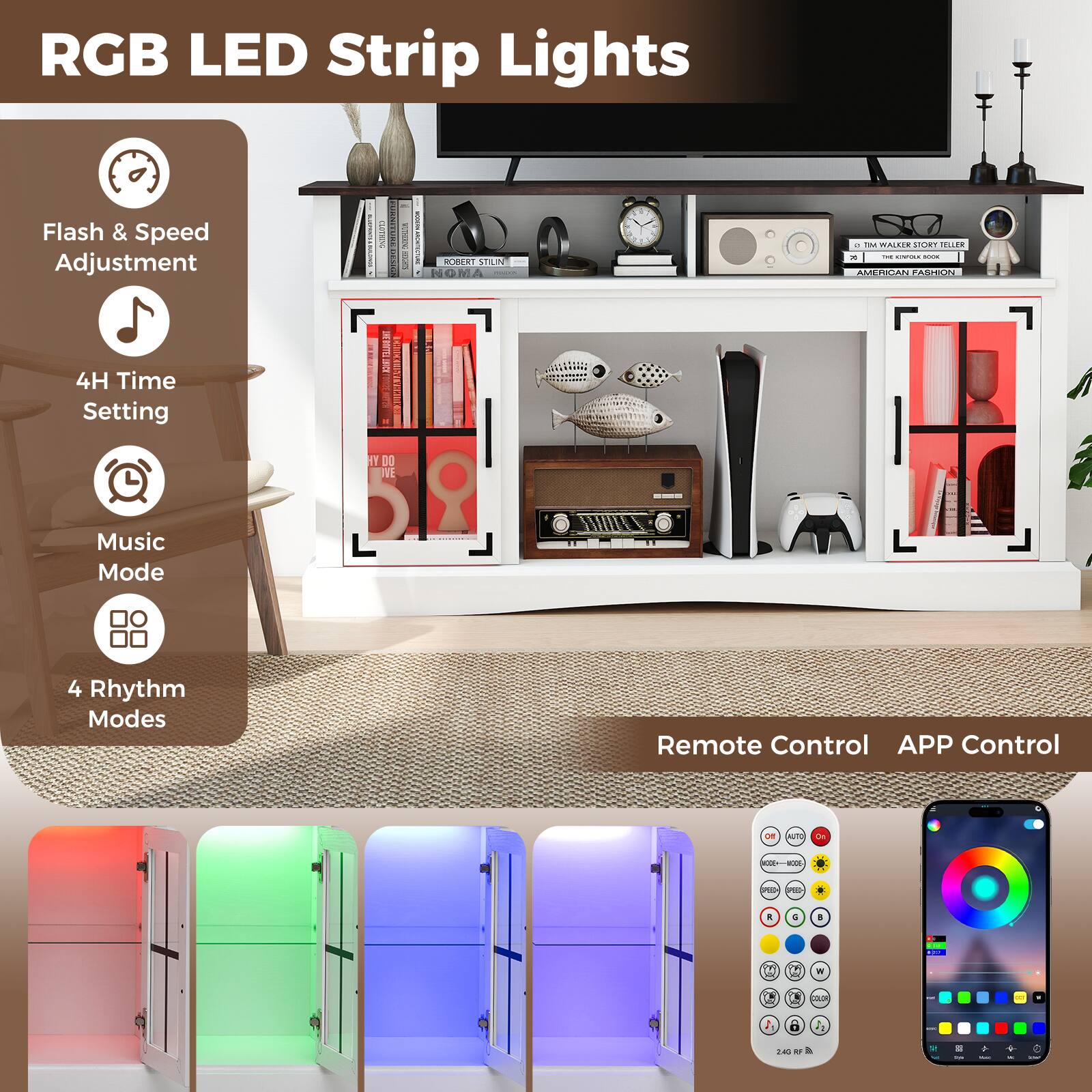 RGB LED Strip Lights, Flash & Speed Adjustment, 4H Time Setting, Music Mode, 4 Rhythm Modes, Remote Control, APP Control