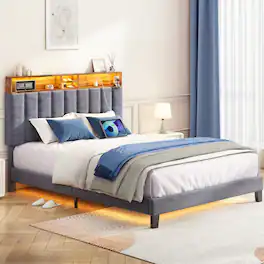 Sersper - Multifunctional LED Storage Full Bed Frame with Charging Ports - Gray