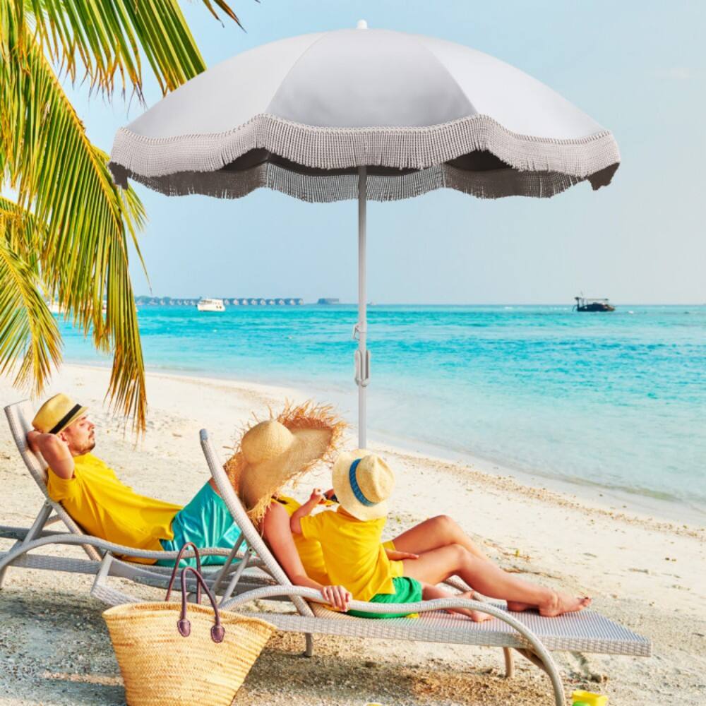 Angle. Mondawe - 6.5 FT Beach Umbrella with Fringe Outdoor Tassel Umbrella with Push Button Tilt - White.