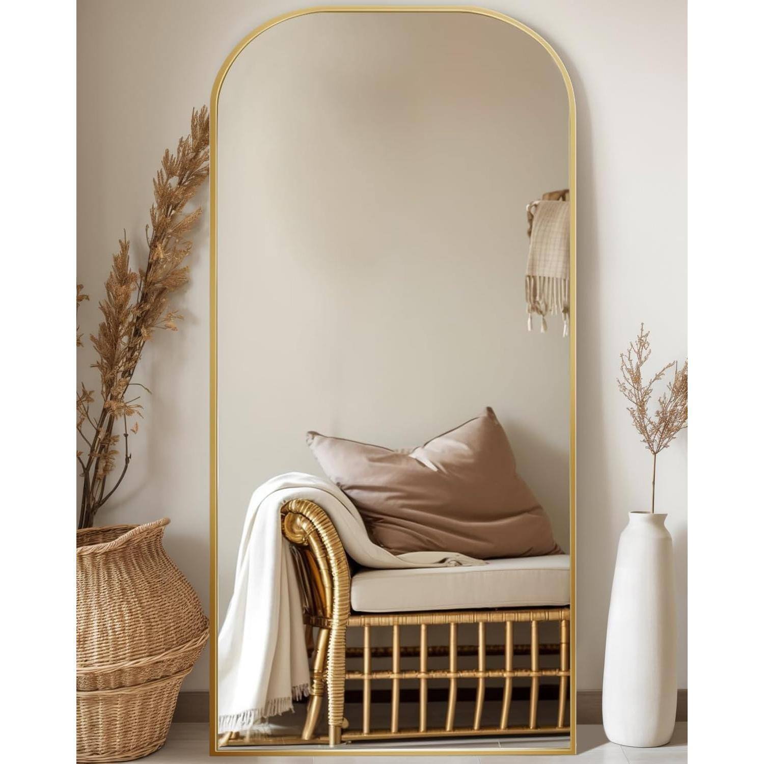 Comfort Essence - Full Length Mirror 59"x22" Floor Freestanding Arched Standing Body Mirrors With Stand For Bedroom Hanging - Gold-78"L x 38"W