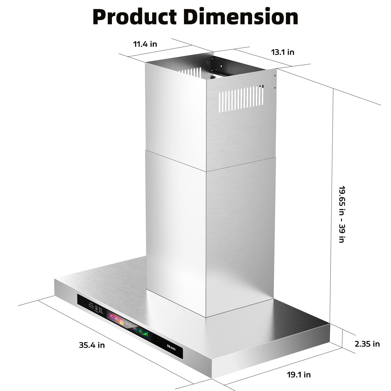 Product Dimension

- Width: 11.4 in
- Depth: 13.1 in
- Height: 19.65 in - 39 in
- Base Width: 35.4 in
- Base Depth: 19.1 in
- Base Height: 2.35 in