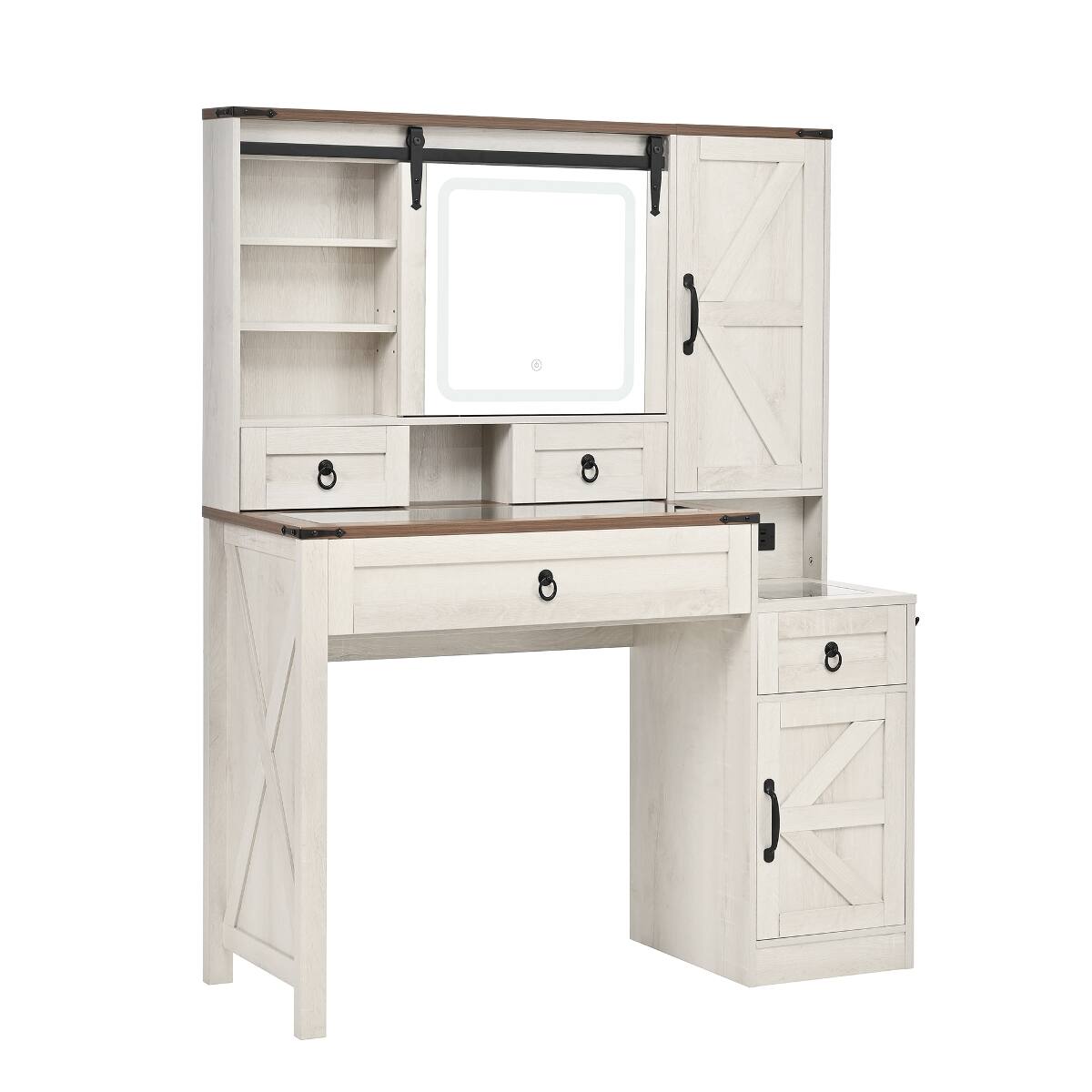 Alt View 7. Loheer - Loheer Farmhouse Vanity Desk with LED Mirror, Glass Top, Charging Station and Stool - White.