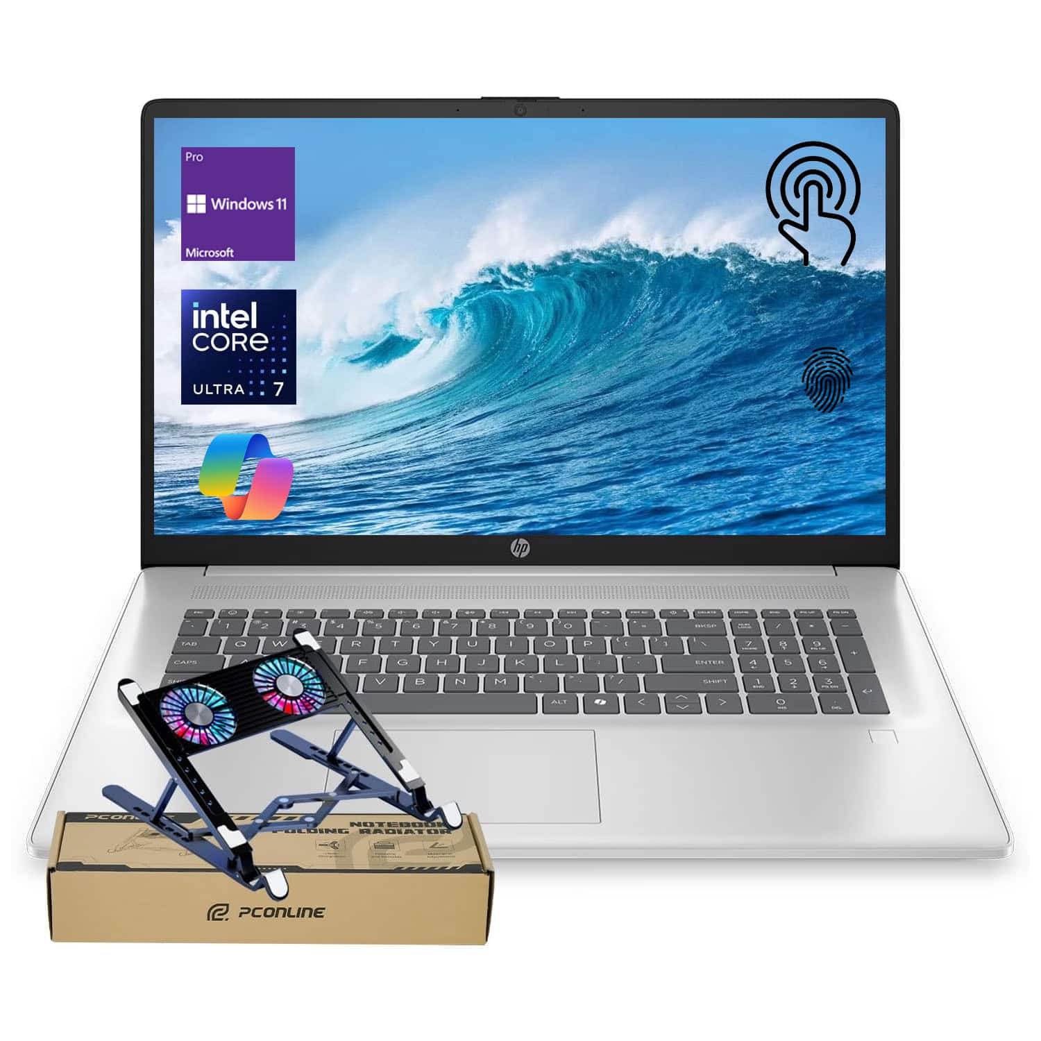 HP - 17.3" HD+ Touchscreen Laptop - Intel Core Ultra 7 255U - 64GB RAM - 2TB SSD - FP Reader & Copilot - PCO Laptop cooler - Silver