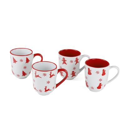 Front. Euro Ceramica Home - Euro Ceramica Winterfest 12oz Mugs Set of 4, Assorted winter designs - White and Red.