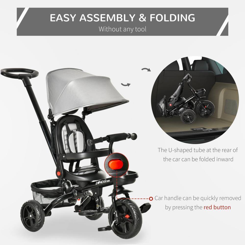 EASY ASSEMBLY & FOLDING  
Without any tool

The U-shaped tube at the rear of the car can be folded inward

Car handle can be quickly removed by pressing the red button