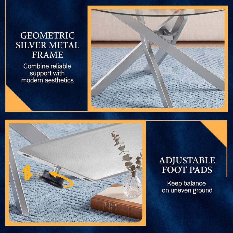 GEOMETRIC SILVER METAL FRAME  
Combine reliable support with modern aesthetics

ADJUSTABLE FOOT PADS  
Keep balance on uneven ground