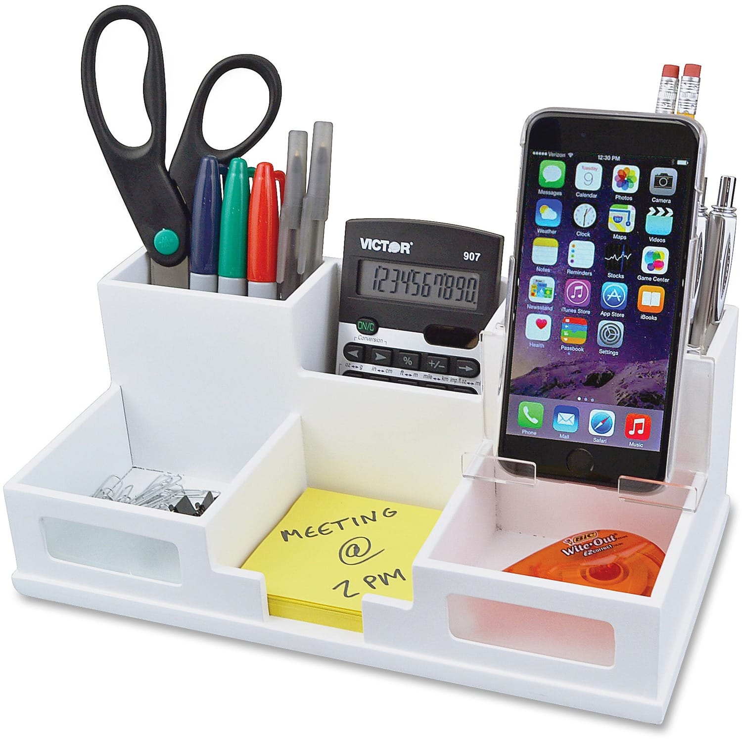 Victor - Phone Holder Desk Organizer 6 Compartment 4 x 5.50 x 10.40 Stackable Wood Frosted Glass Rubber - White