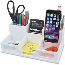 Victor - Phone Holder Desk Organizer 6 Compartment 4 x 5.50 x 10.40 Stackable Wood Frosted Glass Rubber - White