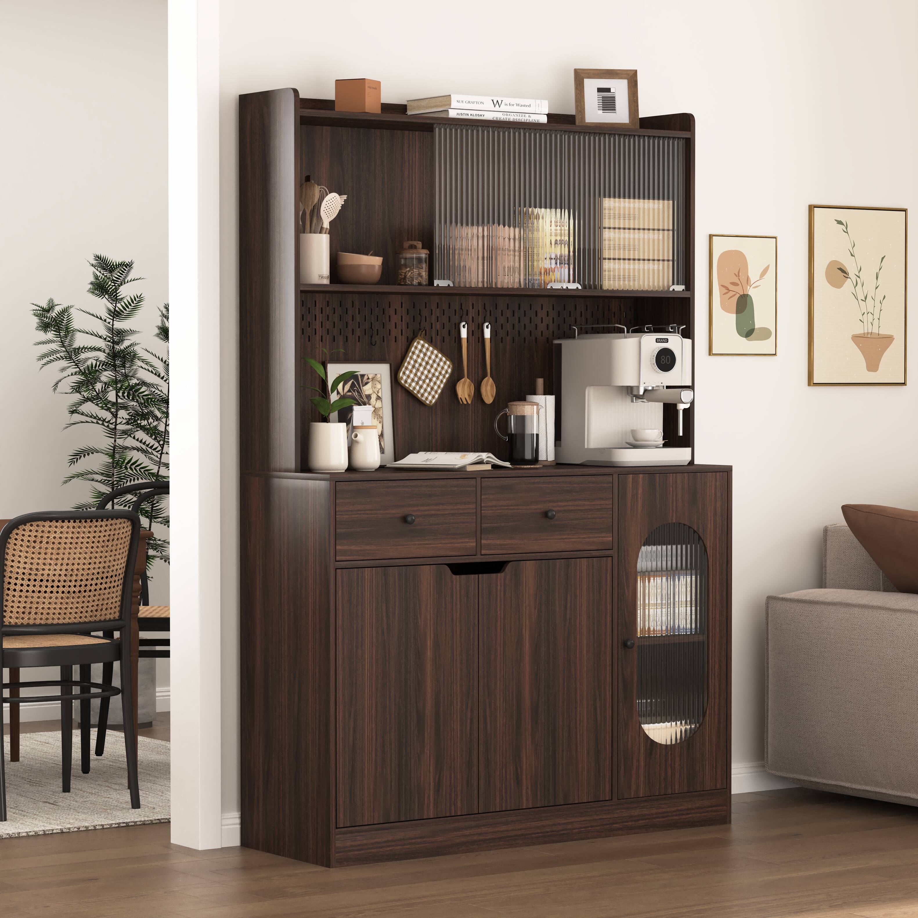 Alt View 1. Ecooso - 71" Pantry Storage Cabinet with Reeded Glass Doors, Microwave Stand, Bakers Rack - Walnut.