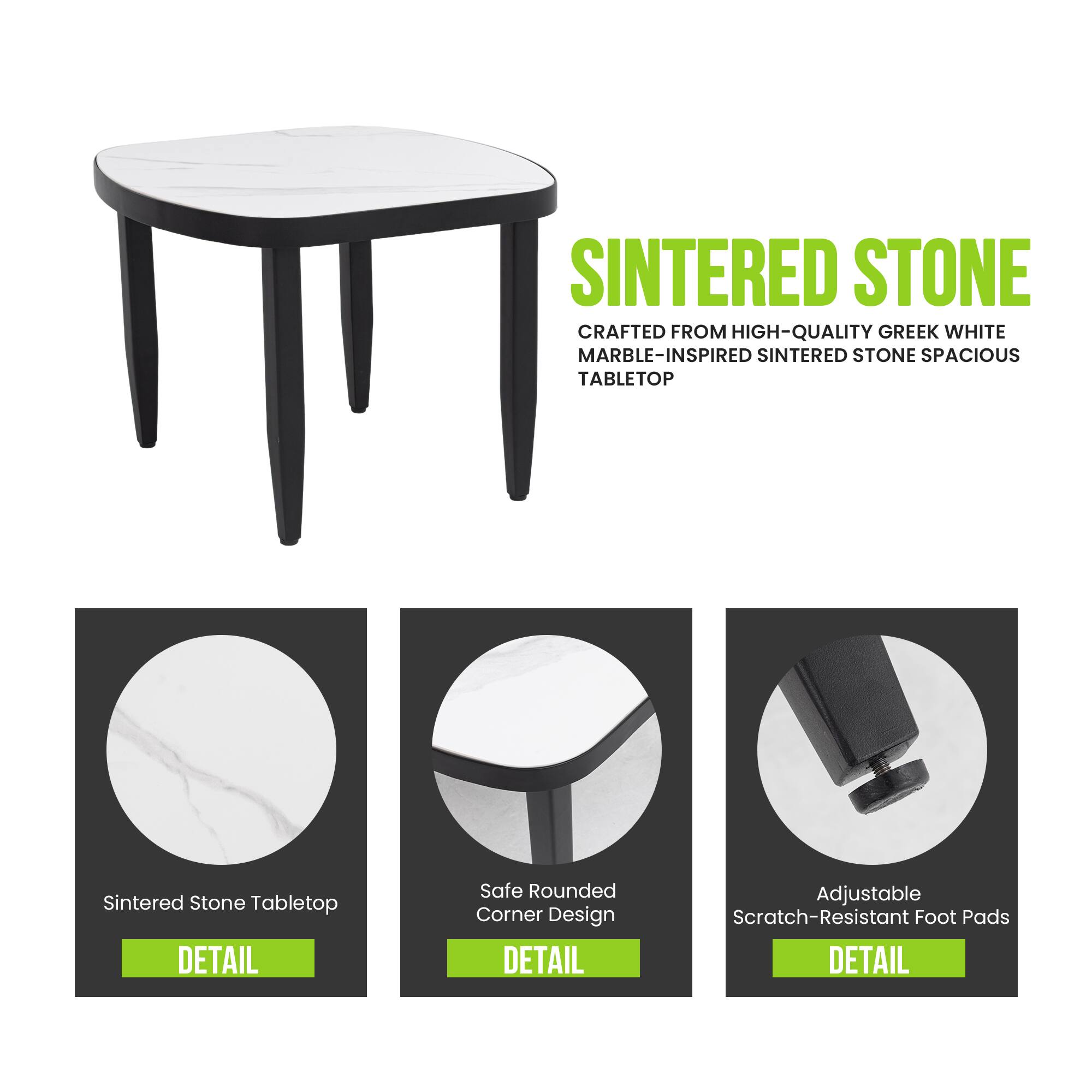 Sintered Stone Crafted from High-Quality Greek White Marble-Inspired Sintered Stone Spacious Tabletop

DETAIL: Safe Rounded Corner Design

DETAIL: Adjustable Scratch-Resistant Foot Pads