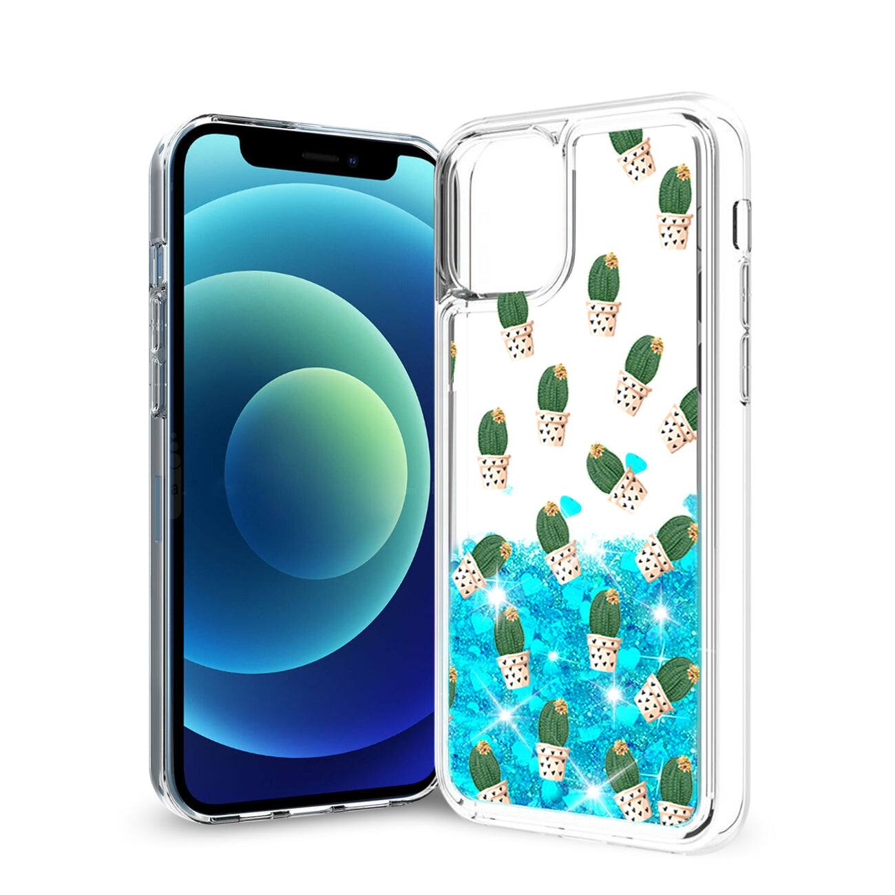 Front. Reiko - Iphone 12 Mini Glitter Case Moving Quicksand Blue Cactus - Blue.