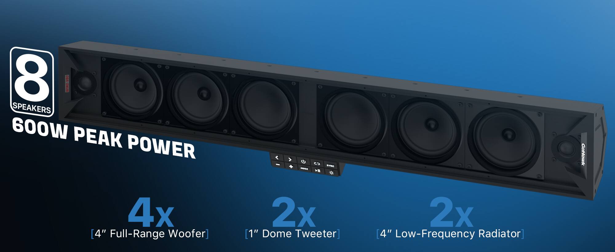 8 WIND-VBO SPEAKERS  
600W PEAK POWER  
- 4x [4" Full-Range Woofer]  
- 2x [1" Dome Tweeter]  
- 2x [4" Low-Frequency Radiator]