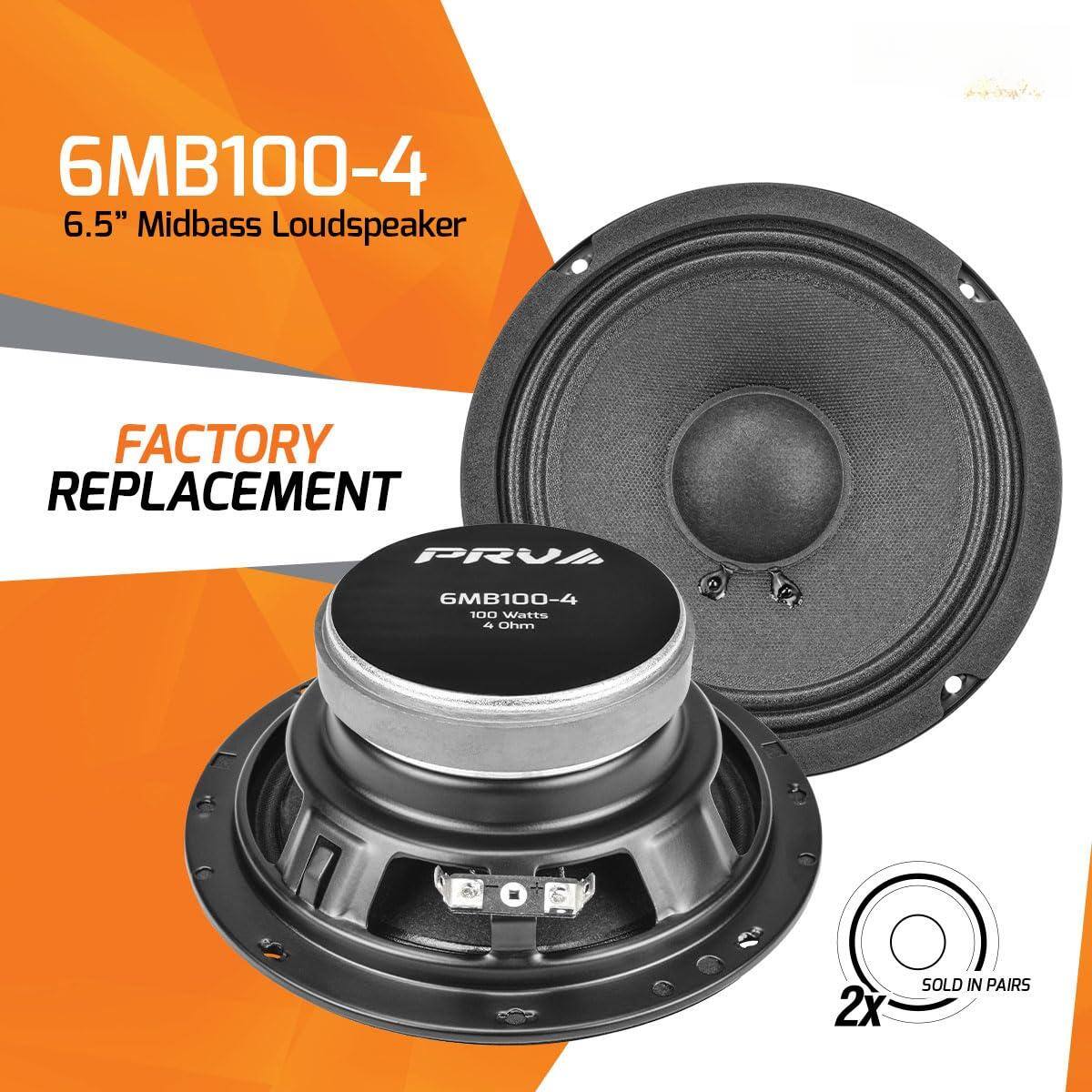 6MB100-4  
6.5" Midbass Loudspeaker  

FACTORY REPLACEMENT  

PRUI  
6MB100-4  
100 Watts  
4 Ohm  

SOLD IN PAIRS