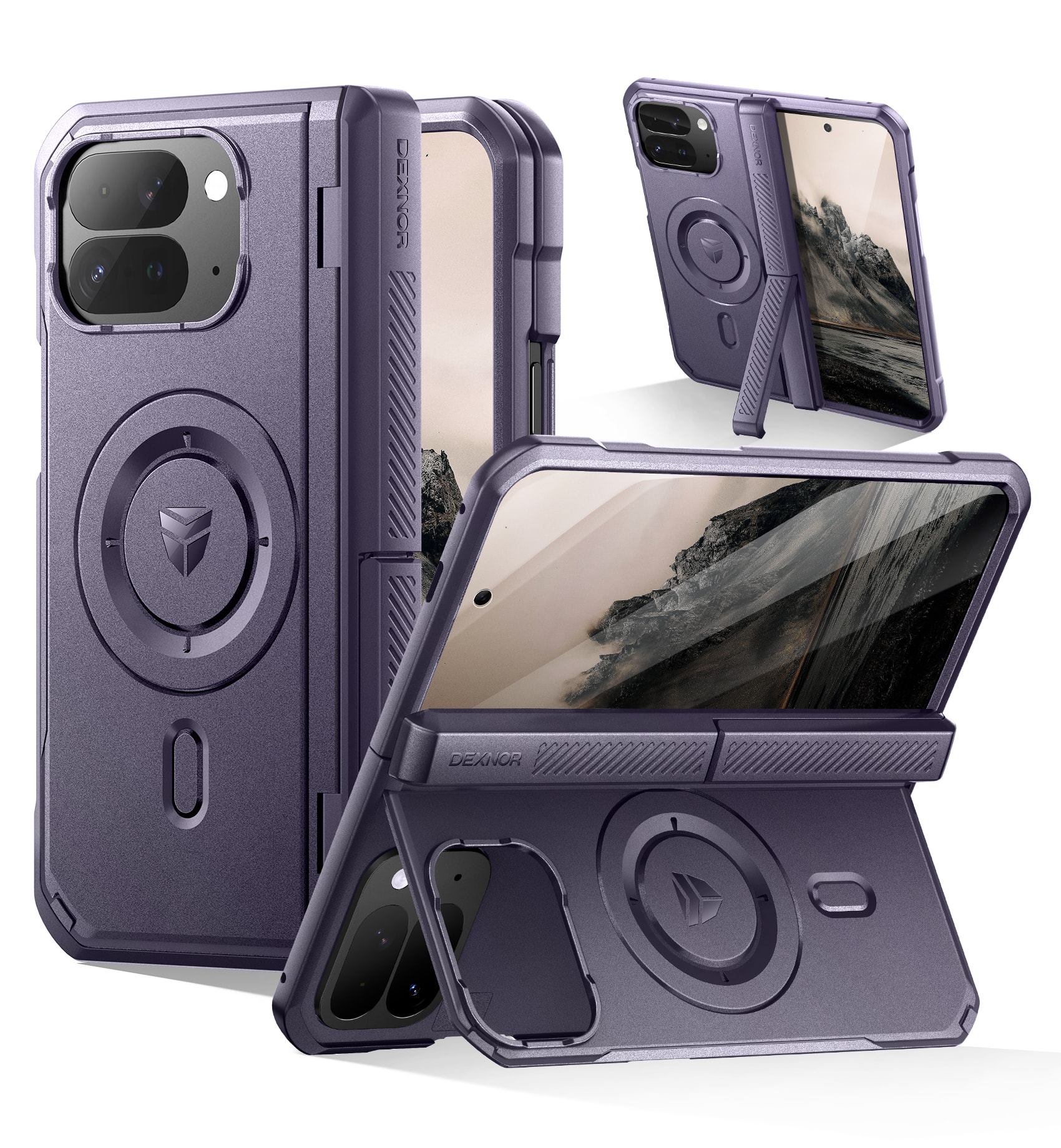 dexnor - Magnetic Case for Google Pixel 10 Pro Fold with Dual Kickstands Full-Body Rugged Protective Cover Bumper Case - Phantom Purple