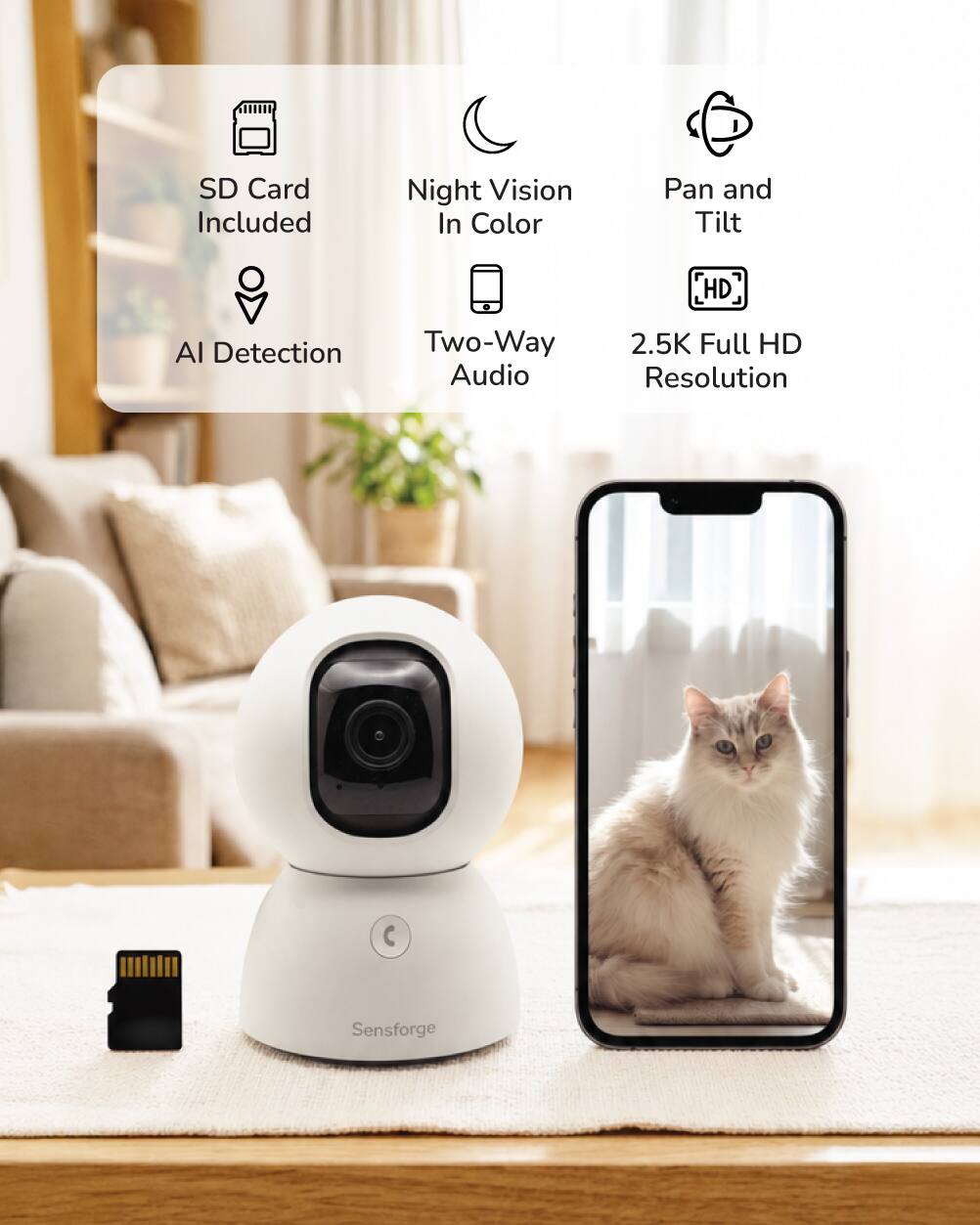 SD Card Included  
Night Vision In Color  
Pan and Tilt  
HD  
AI Detection  
Two-Way Audio  
2.5K Full HD Resolution  

Sensforge