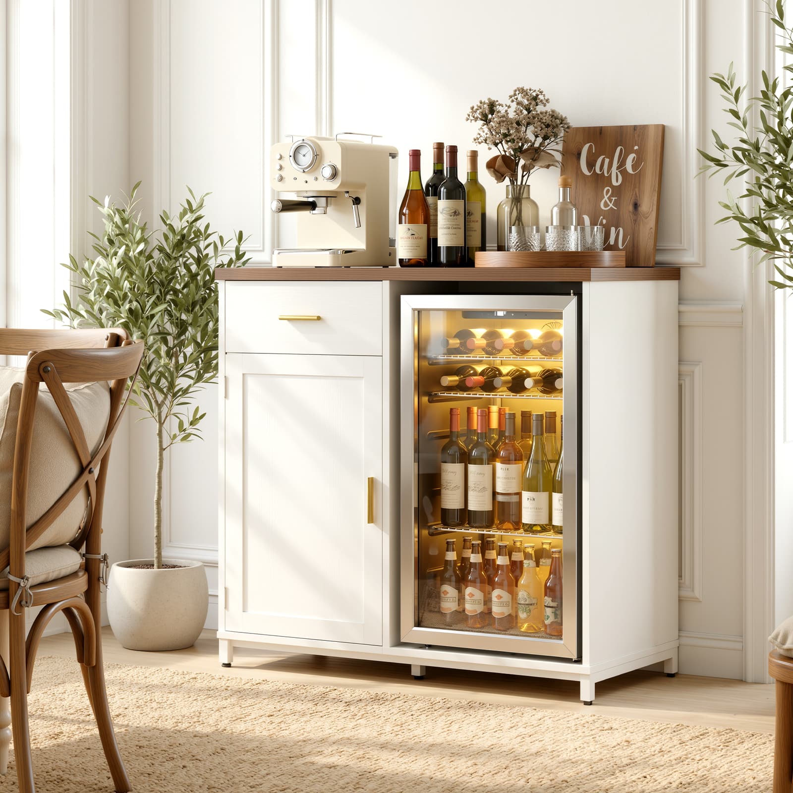 Aheaplus - Coffee Bar Cabinet with Mini Fridge Space, Power Outlet, Drawer & Wine Glass Storage for Kitchen/Dining - Brown White