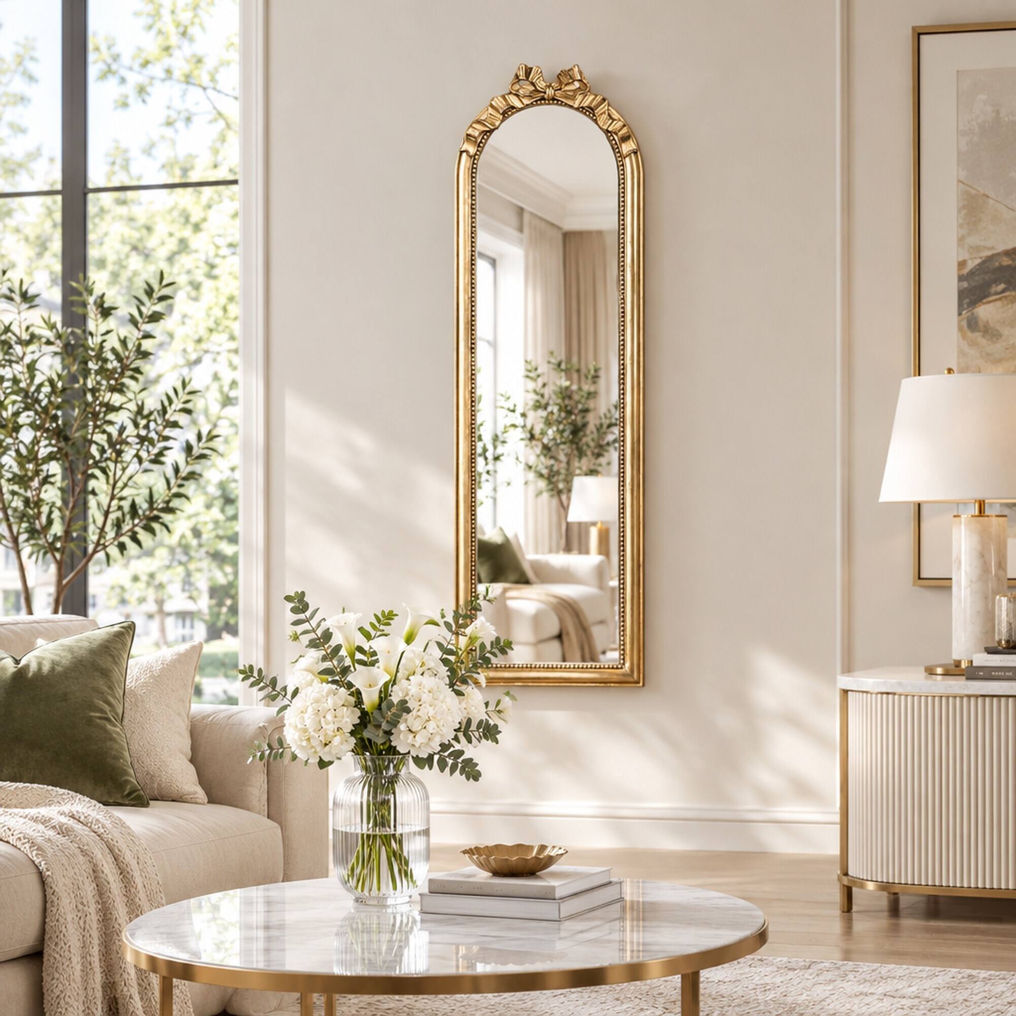 Back. RYHNUYNE - Arched Full Length Mirror, 15.8 x 48.8 in, Gold Finish, Scrollwork Crown, Resin and MDF Frame, Wall Mounted - Gold.