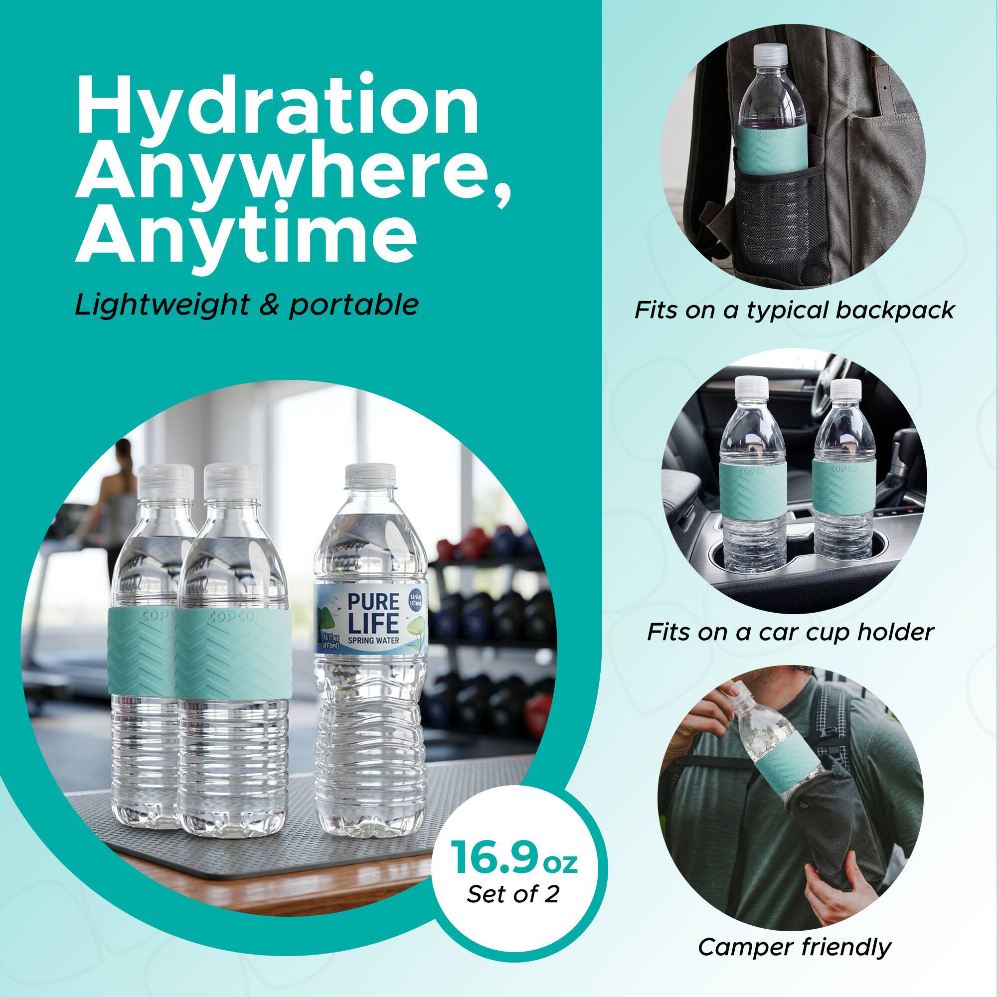 Hydration Anywhere, Anytime  
Lightweight & portable  
Fits on a typical backpack  
Fits on a car cup holder  
16.9 oz Set of 2  
Camper friendly