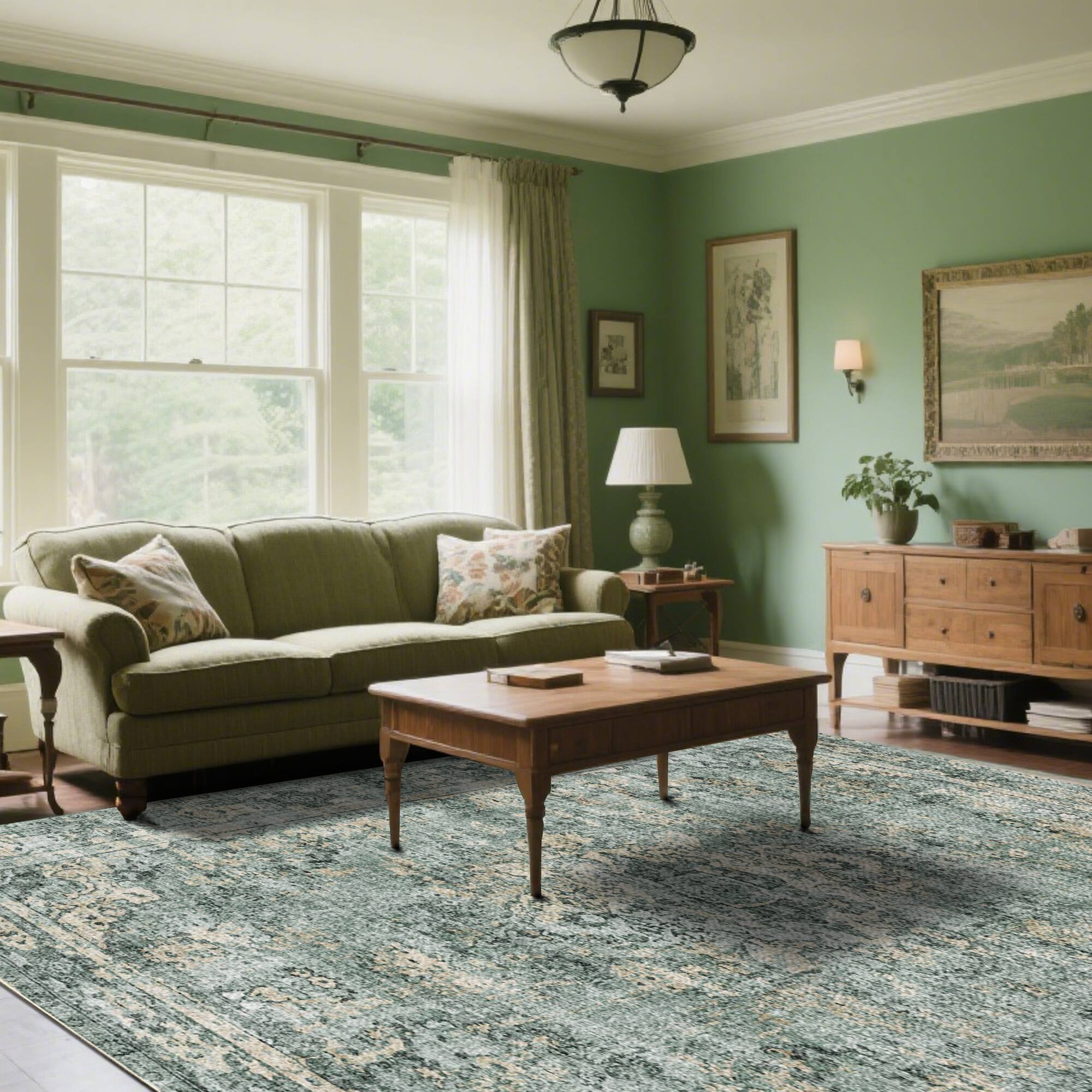 Alt View 2. Ihomeadore - 7FT x 5FT Vintage Bohemia Cotton Area Rug with Non-Slip TPR Backing for Indoor Living Room and Entryway - Green.