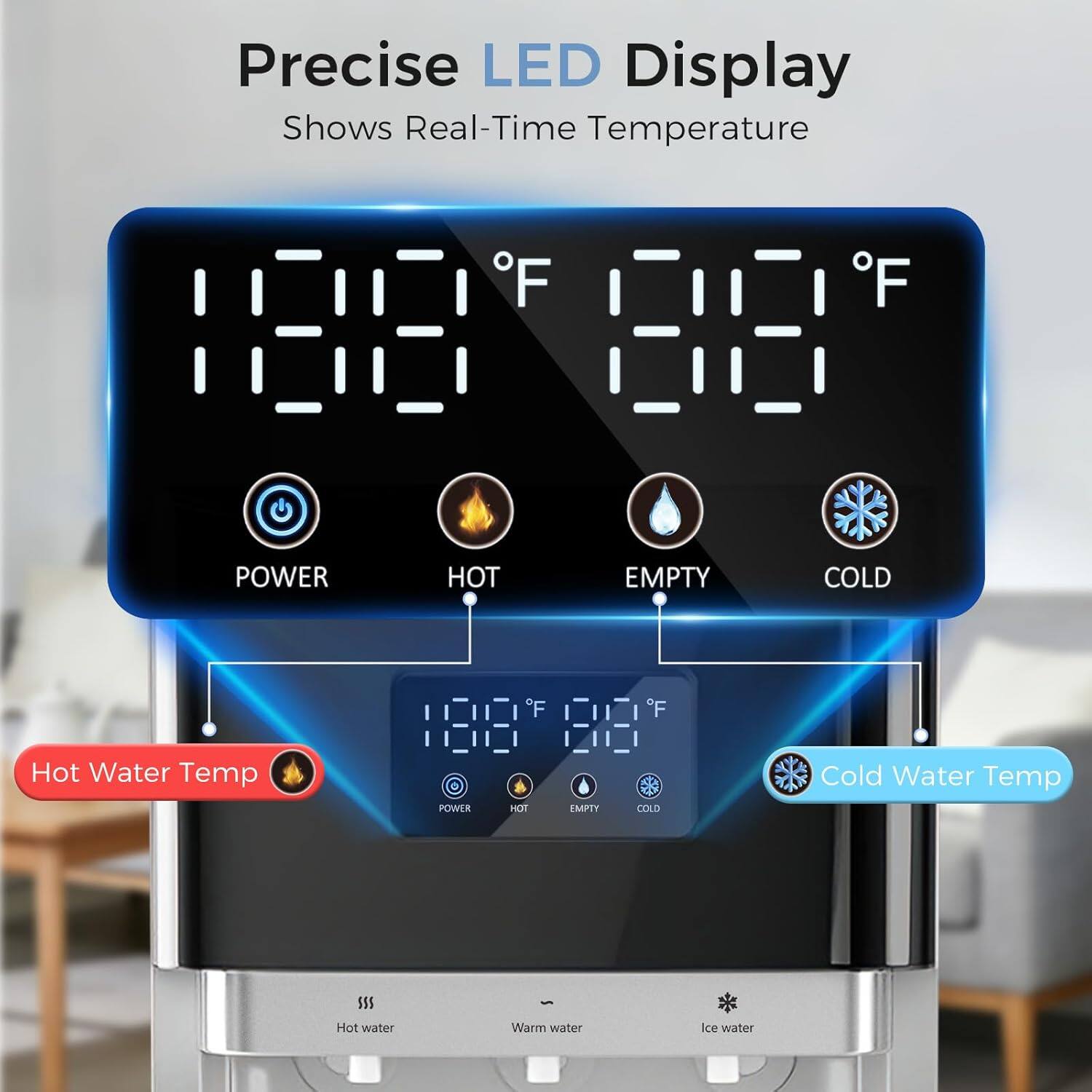 Precise LED Display Shows Real-Time Temperature

- Hot Water Temp
- Cold Water Temp

POWER HOT EMPTY COLD

Hot water Warm water Ice water