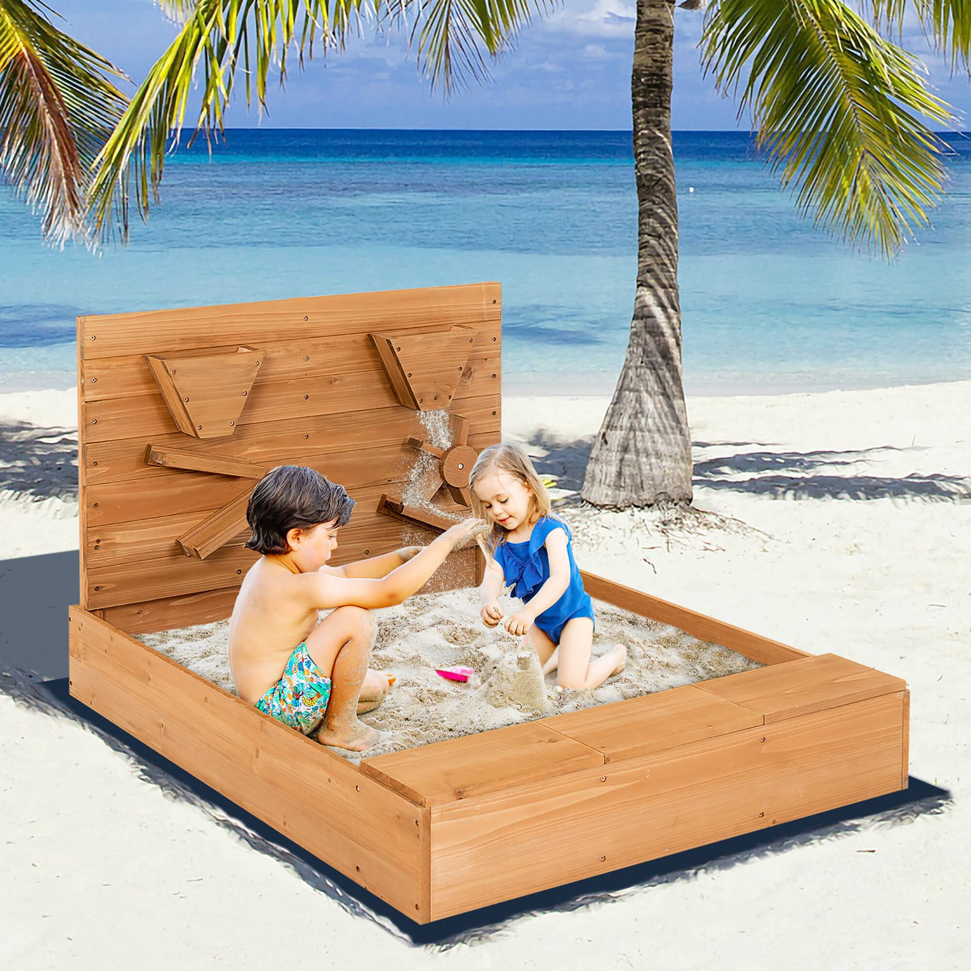 Alt View 3. Costway - Costway Wooden Sandbox w/ Sand Wall & Cover & Bottom Liner for Kids Outdoor - Natural.
