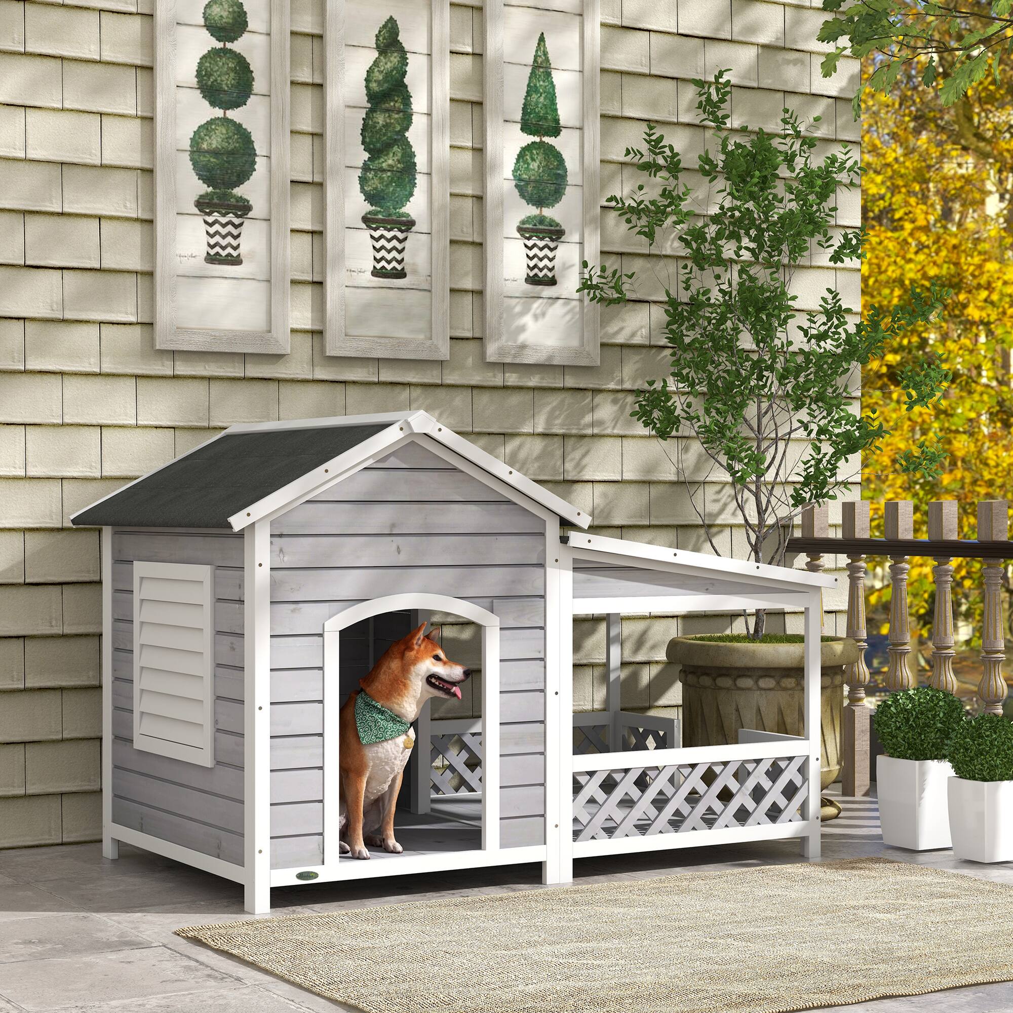 Angle. Pawhut - Wooden Dog House Outdoor with Porch, Cabin Style Raised Dog Shelter with Asphalt Roof, Doors, Shutter Window.