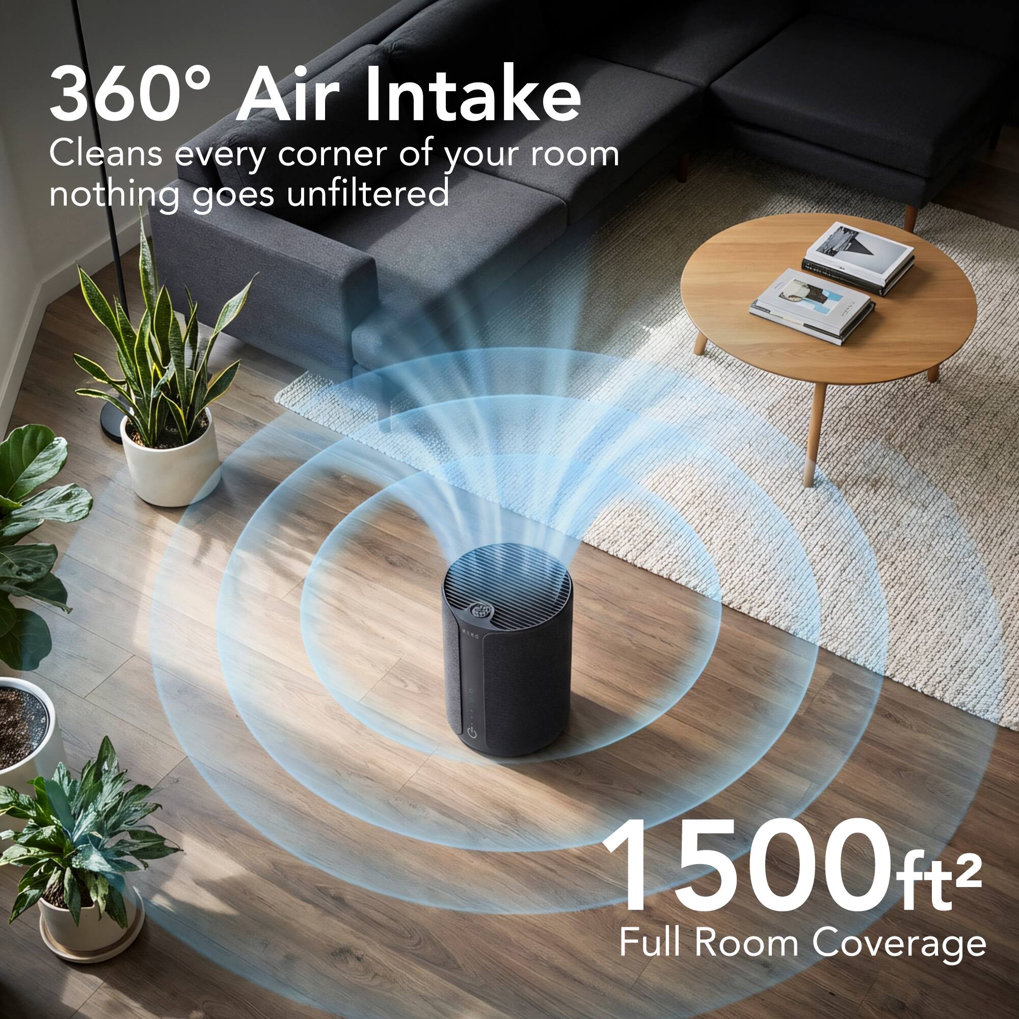 360° Air Intake  
Cleans every corner of your room, nothing goes unfiltered  

1500 ft²  
Full Room Coverage