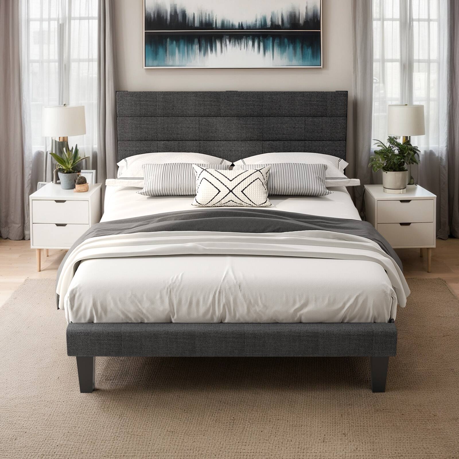 Alt View 5. Winado - Twin Bed Frame for Kids with Headboard Wooden Slats Mattress Foundation with Cozy Linen Upholstered No Box Spring Needed - Linen Gray.